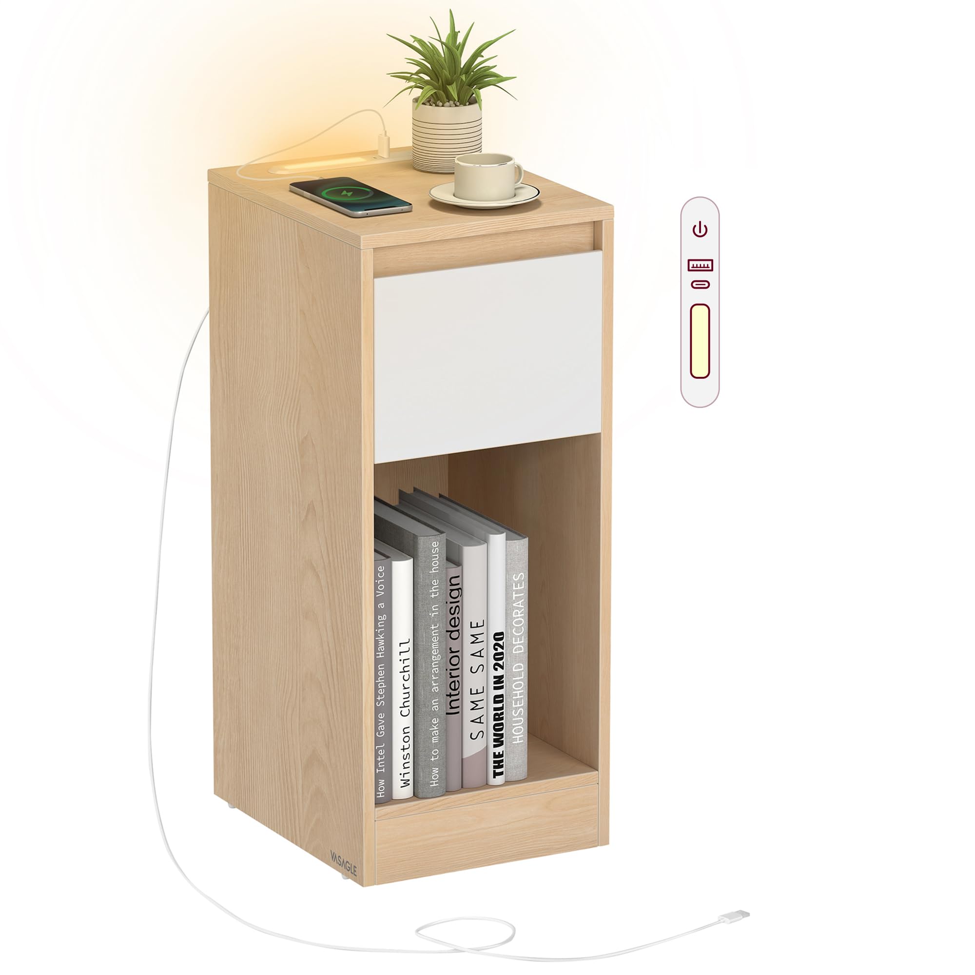 VASAGLE Comodino Stretto, Tavolino, con Illuminazione LED, 1 Porta USB-​A, 1 Porta USB-​C, Cassetto e Scomparto Aperto, per Camera da Letto, Soggiorno, Giallo Mandorla e Bianco Nuvola LET610Y01