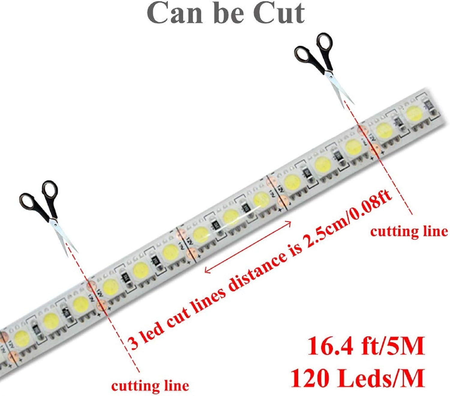 LED Strip Light Cool White IP65 Waterproof 12V DC SMD 3528 600 LEDs 120 LEDs/M, 16.4 ft/5M LED Rope Light for Halloween Thanksgiving Home Business Indoor Outdoor Decoration