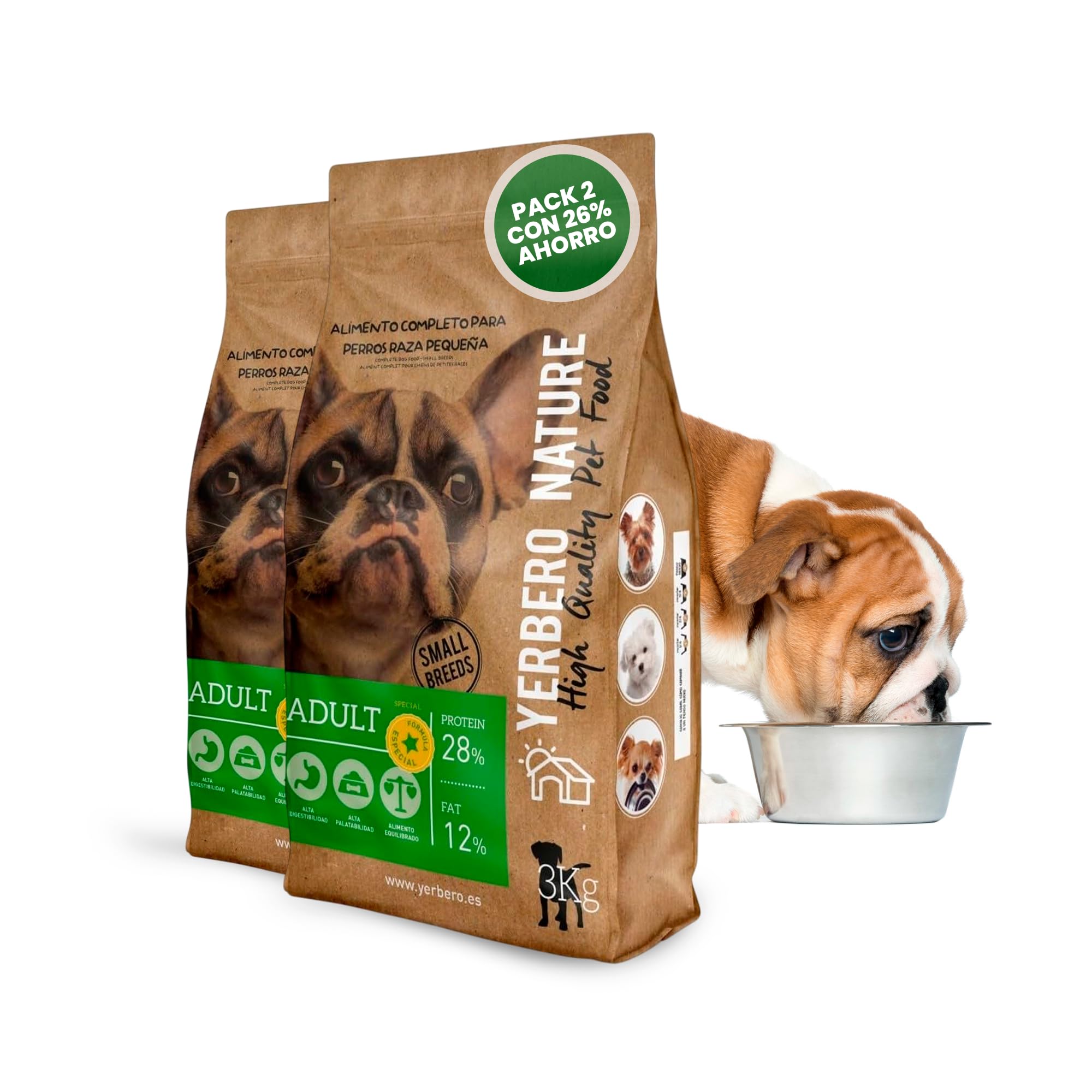 Yerbero Nature Adult Pienso para Perros Mini, Comida para Perros, Pienso Razas Pequeños Fórmula Especial con Alto Contenido Proteico, Ingredientes Digestibles para Razas Mini, Pack de 2 de 3 Kilos