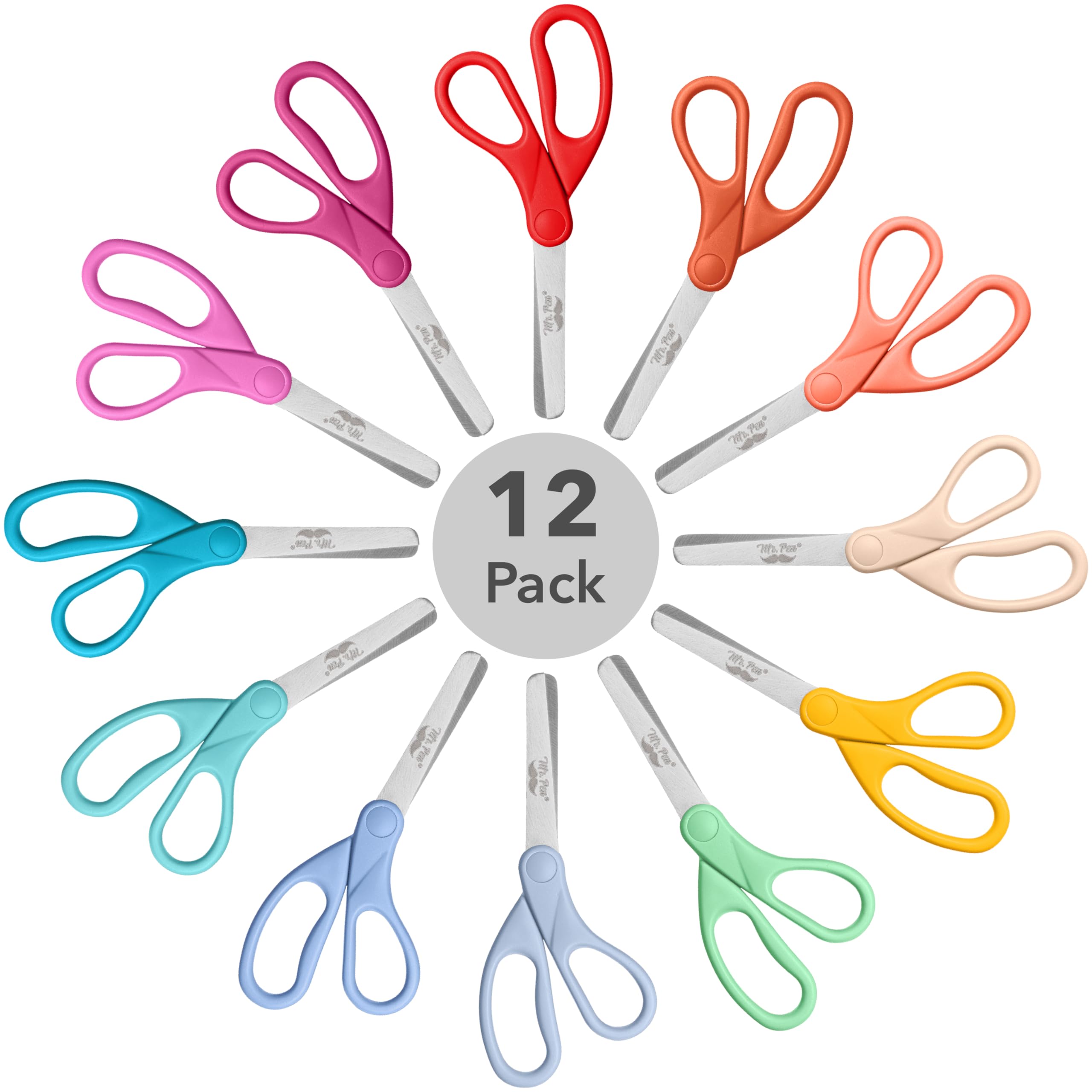 Mr. Pen- 12 Packs 5" Small School Student Blunt Tip Craft Kids Scissors, Stainless Steel Blades Comfort Grip 5 Inch Safety Scissors Bulk for Children Toddler Cutting Paper
