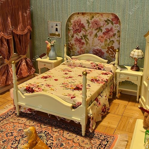 Miniatura 11 de iLAND Muebles de madera para casa de muñecas a escala 1/12, muebles de dormitorio de casa de muñecas en color caoba, incl casa de muñecas, cama