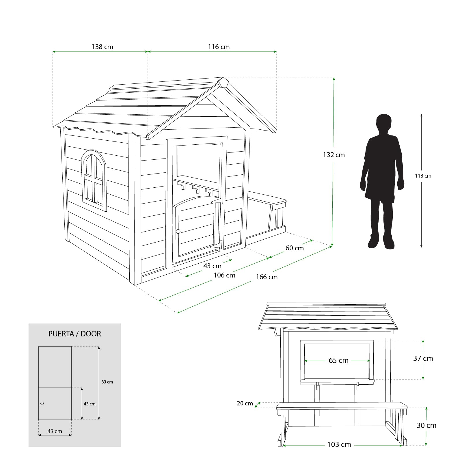 Casita Infantil de Madera 1,2 m² de 116x138x132 cm Diseño Abierto con Ventanas y Banco Exterior