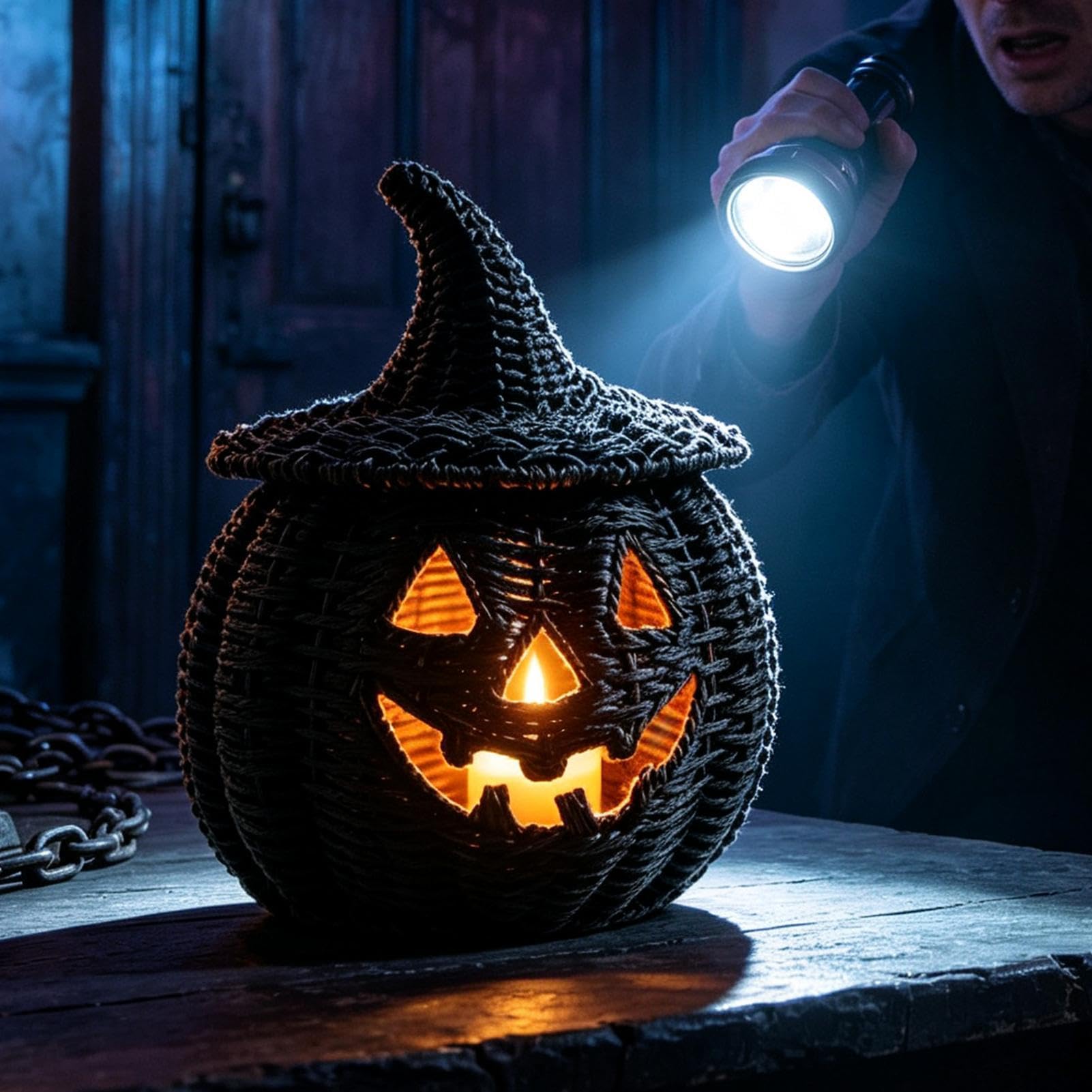 Czarny pleciony kosz dyniowy Halloweenowy pojemnik ze świeczką LED | Czarne pojemniki na słodycze Do Salonu W Farmhouse, Na Kominek, Stół, Werandę I Imprezy Świąteczne