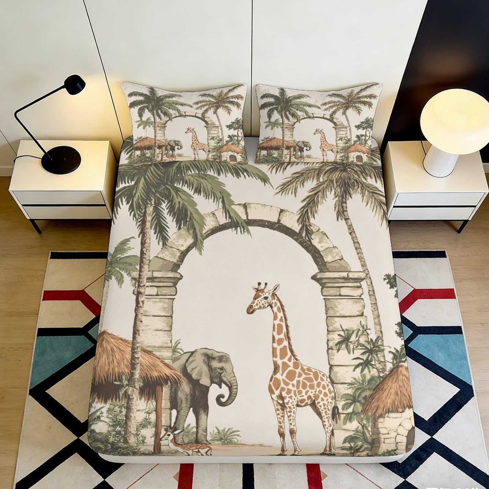 3D Printed Safari Arch Fitted Sheet Microfiber Soft Jungle Animal Mattress Cover for Bedroom Guest Room Decor 200x200x25cm
