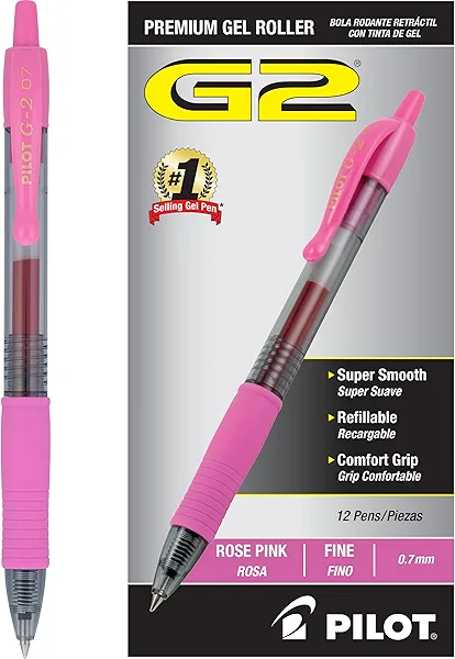 PILOT, G2 Premium Gel Roller Pens, Fine Point 0.7 MM, Rose Pink, Pack of 12 (Dozen Box)