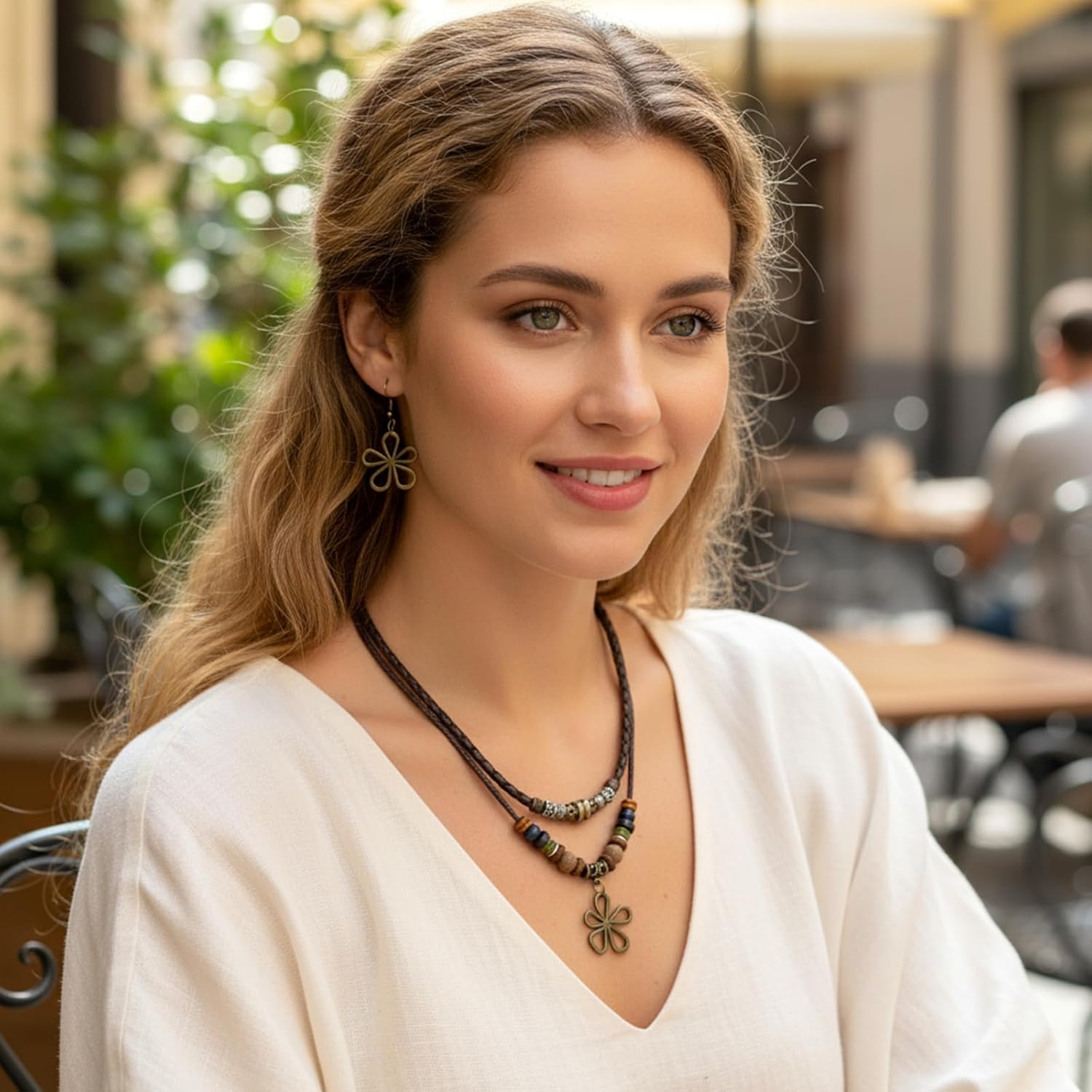 Multi-Layer Wood Bead Necklace with Hollow Flower Earrings, Bohemian Bead Charm Necklace Unisex Personality Hippie Long Jewelry for Men Women - Image 6