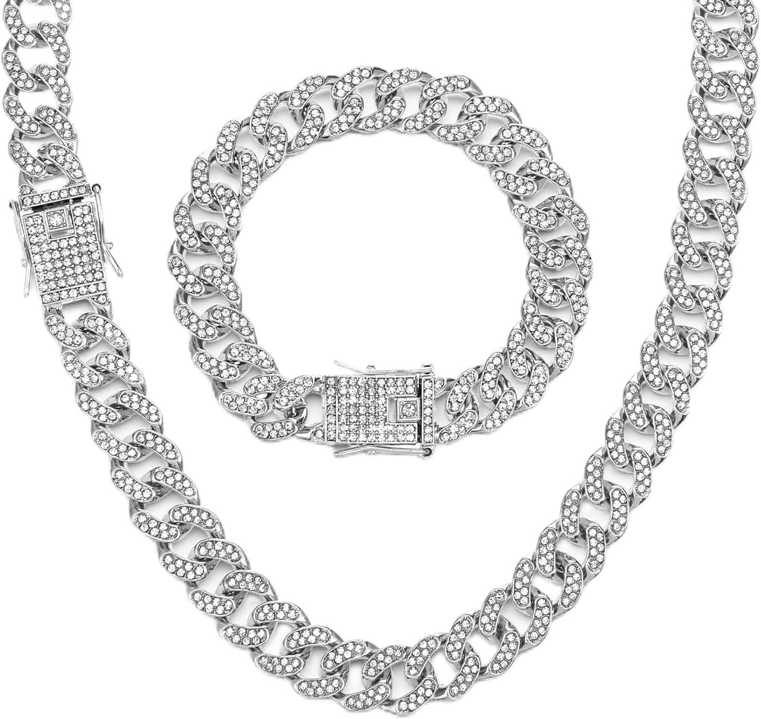 2pcs Iced Out Chain for Men Miami Cuban Link Chain for Men Cuban Necklace And Bracelet Hip Hop Bling Diamond Silver Chains for Hip Hop Jewelry