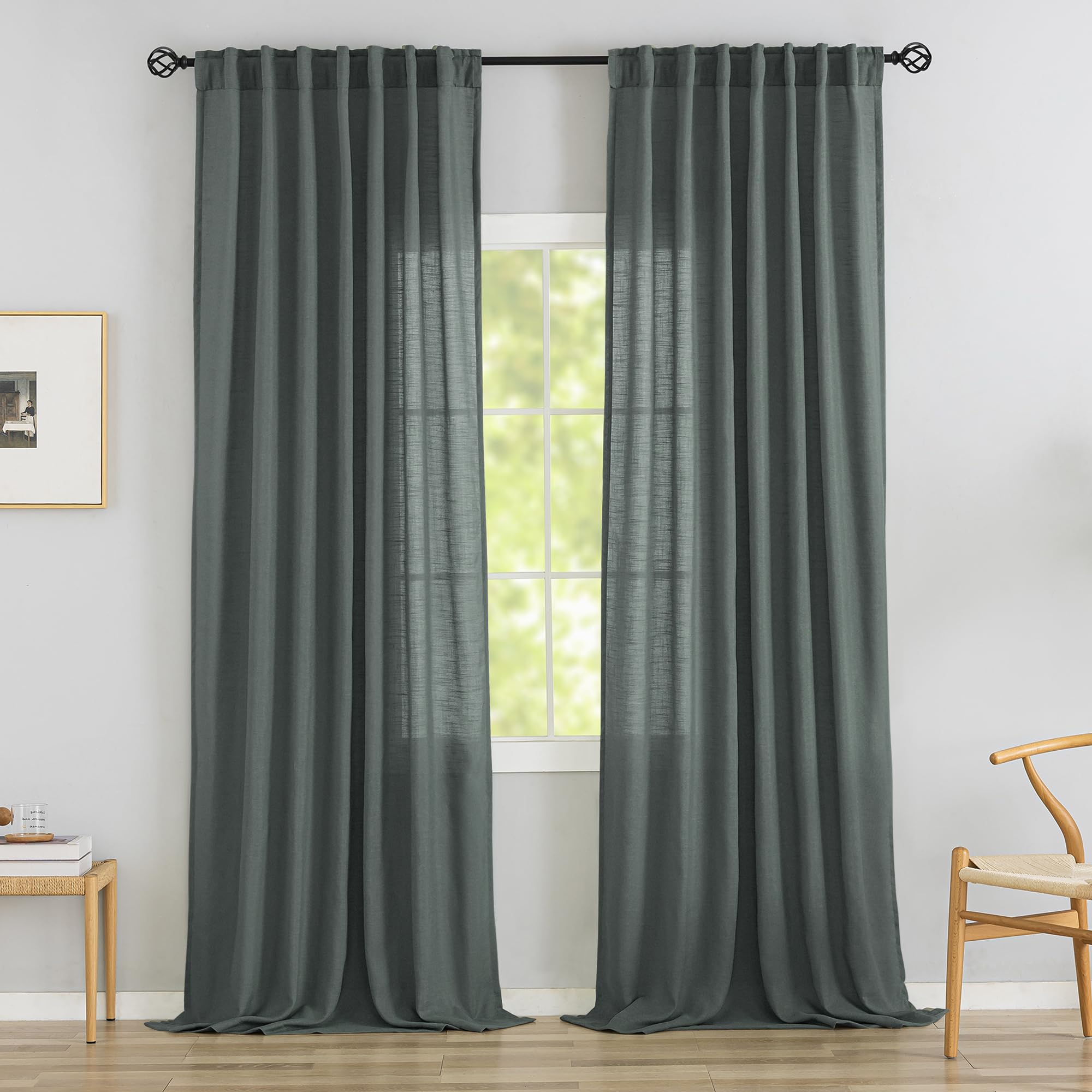 Rideaux de salon extra longs en lin gris pour grande baie vitrée