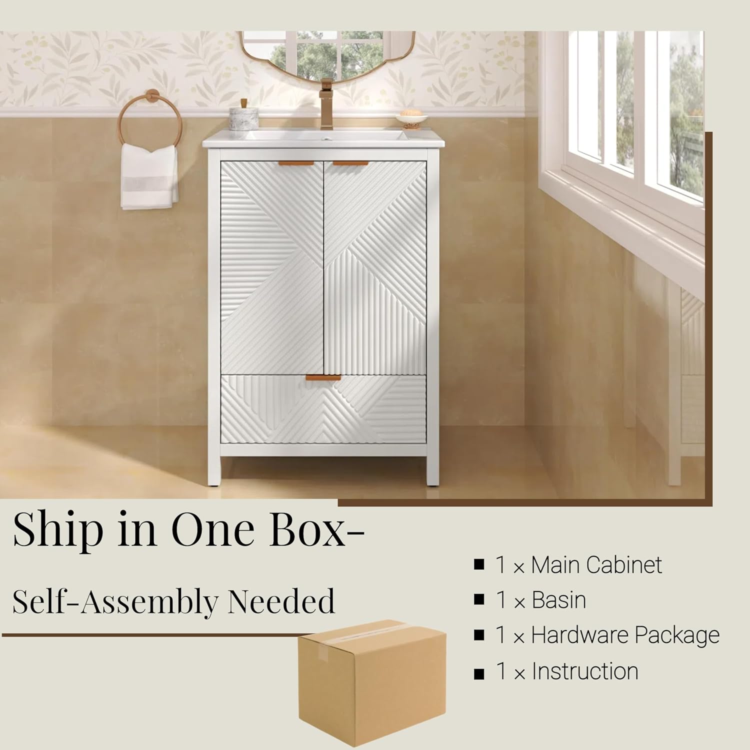 Christopher Knight Home Lisa 24 Inch Bathroom Vanity with Sink and Single Faucet Hole, Wooden Vanity Organizer with Spacious Shelf and Drawer, Bathroom Storage Cabinet with Textured Door Panel, White