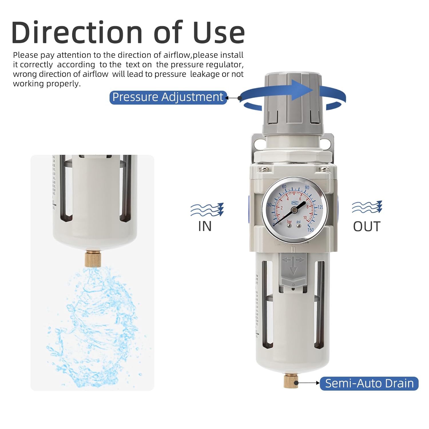 Air Compressor Water Separator Filter 3/4" NPT 0-150 PSI,Compressed Filter Regulator Combo,Poly Bowl,Semi-Auto Drain - Image 5