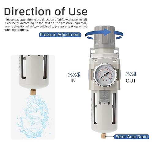 Miniatura 5 de Filtro Separador de Agua para Compresor de Aire 1/2" NPT 150 PSI, Combo Regulador Filtro Comprimido, Trampa de Humedad de 5 Micras para Herramientas