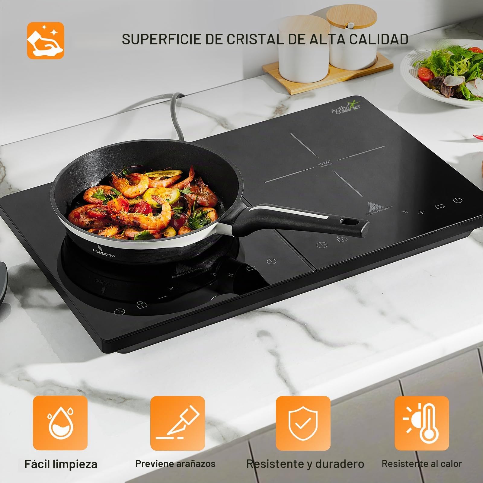 Placa de inducción doble de 3500W con 2 zonas independientes de cocción, 10 niveles de temperatura y potencia ajustables, temporizador de 3 horas y panel de vidrio negro de cristal