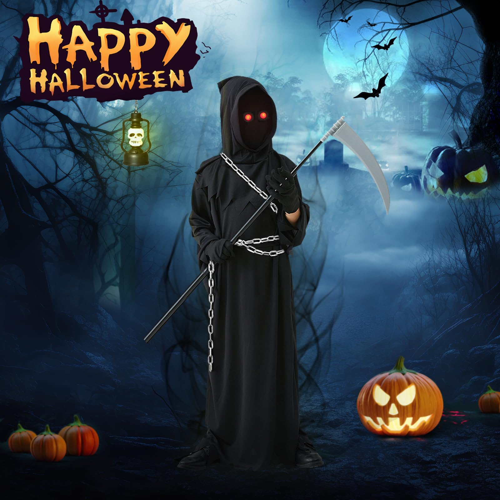 Halloween Grim Reaper Costume Kids Boys 10-11 11-12 Grim Reaper Cloak Black Cape Grim Reaper Scythe Halloween Kids Death Costume Ghost Face Robe Grim Reaper Gloves Glowing Eyes Grim Reaper Accessories - Image 2