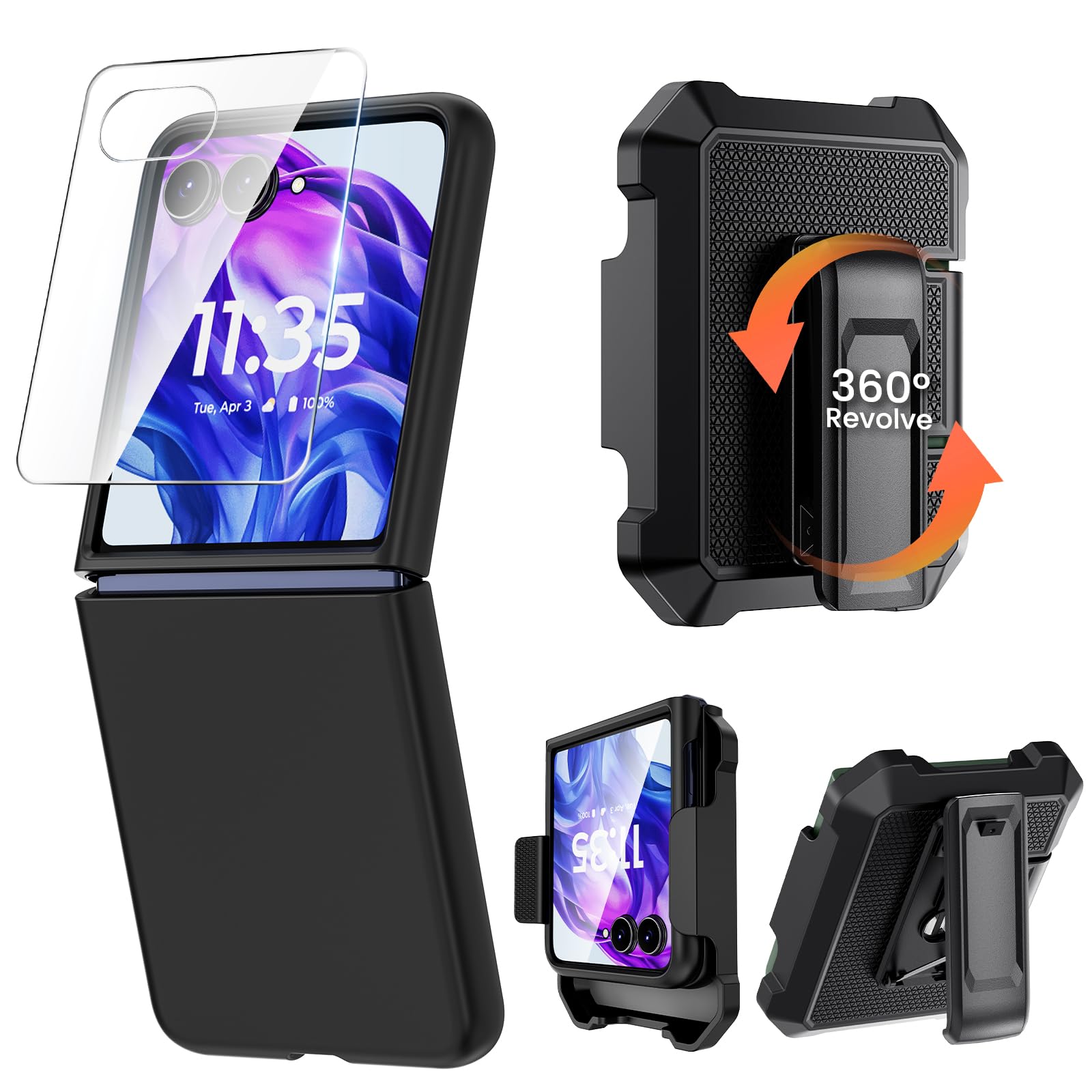 CakaCaka for Motorola Moto Razr Plus 2024 Case with Clip & Screen Protector [Not Fit for Razr-2024], Slim Thin Flip Phone Cover and Belt Hip Holster Combo Accessories - Black
