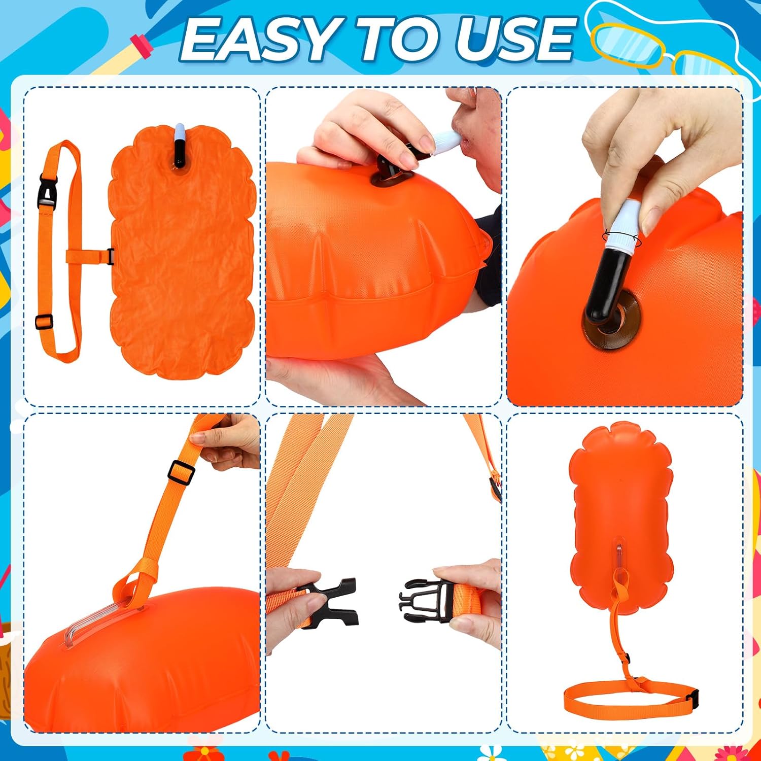6 Pack Swim Buoy Float for Open Water Safety Inflatable Swimming Bubble Float with Adjustable Waist Swimming Pull Buoy for Swimmers