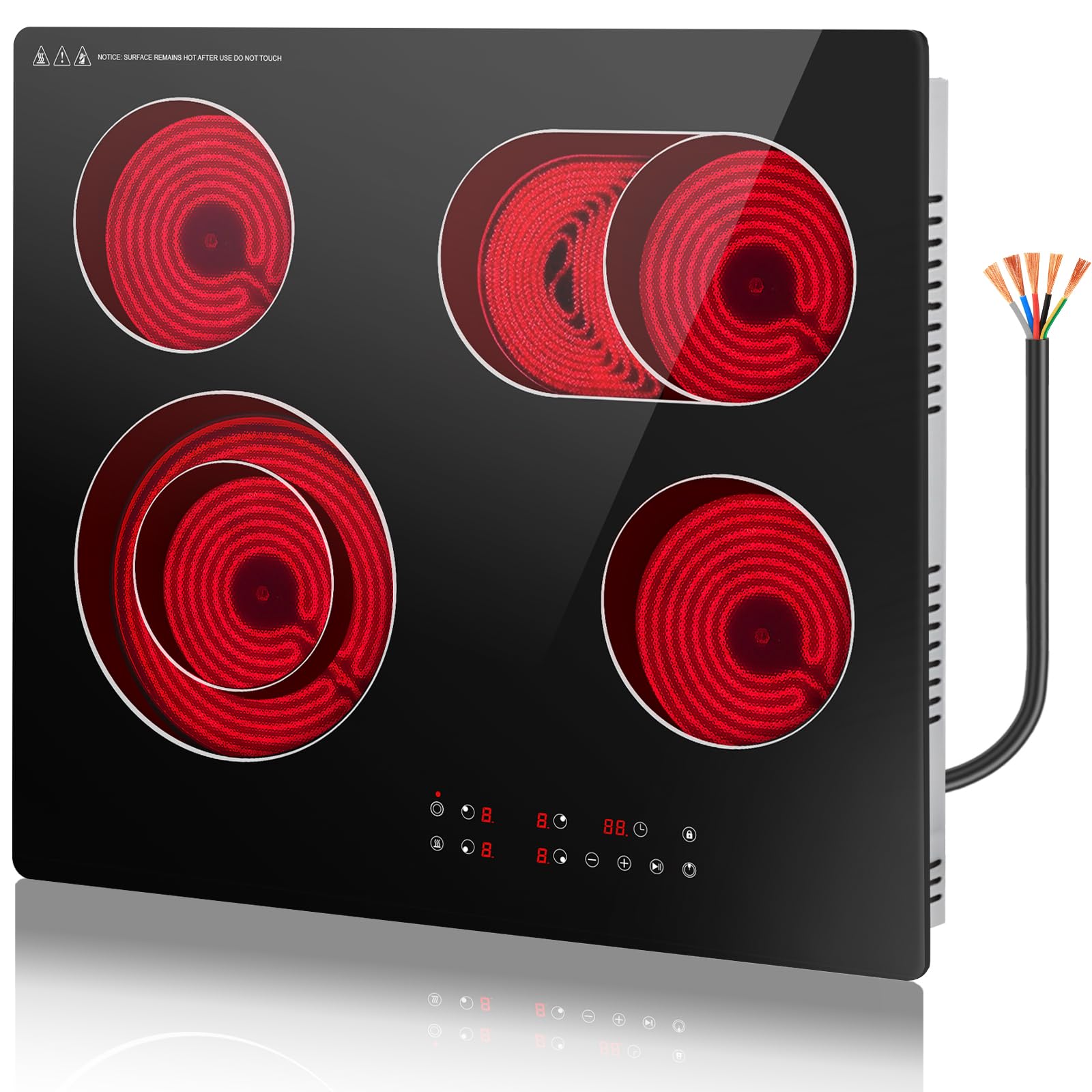 60 cm Glaskeramik Kochfeld 4 Zonen, Infrarot Elektrokochfeld Einbau 230V, 9 Leistungsstufen, Timer, Pause, Warmhaltefunktion, Kindersicherung, EU46T1-1R