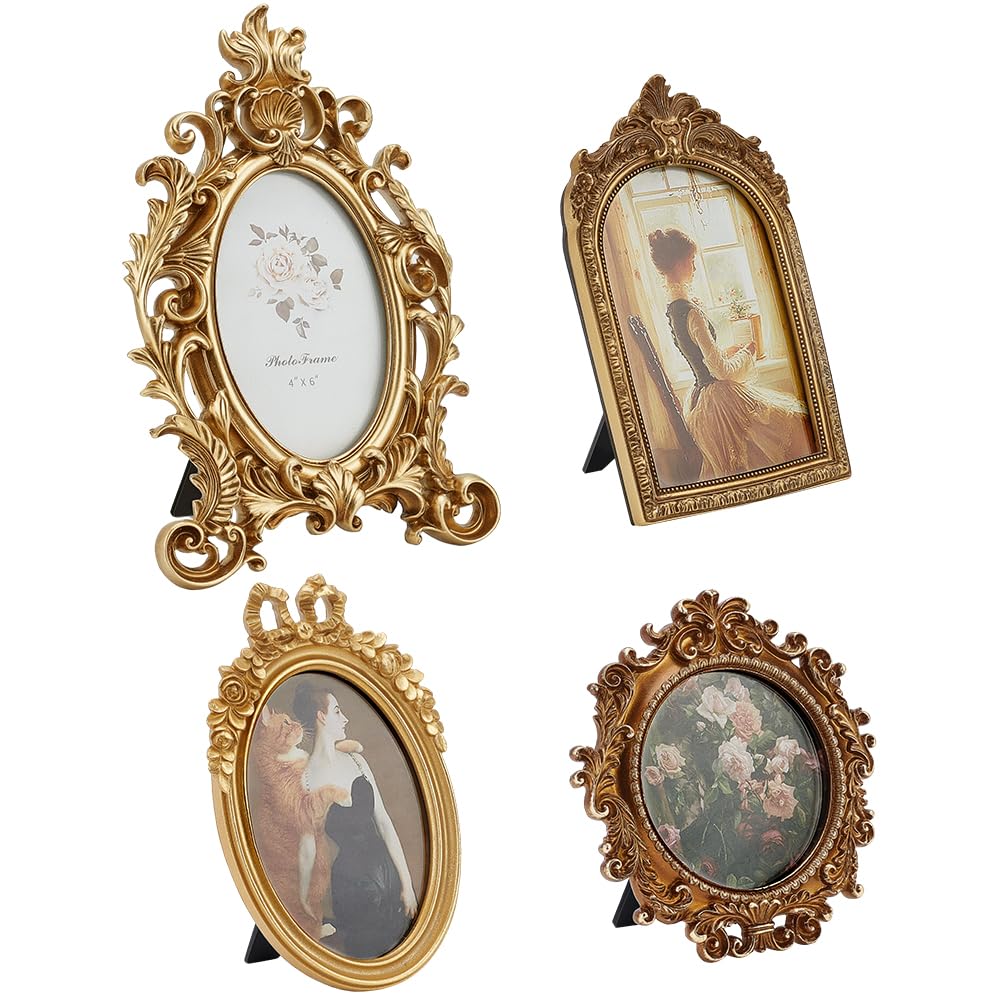 4 kleiner Goldener Vintage Bilderrahmen Antike Bilderrahmen | Barock Fotorahmen Mit Glasfront Tischaufsteller Heim Und Hochzeitsdekor Für Zuhause Party Hochzeit Urlaub Weihnachten