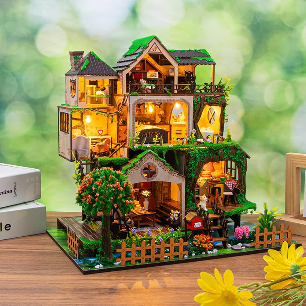 DIY Miniatur Puppenhaus Kit Multi Loft Haus Holz Miniaturen Haus Handwerk DIY Modellbausätze Weihnachten Geburtstag Geschenke für Männer und Frauen Freund (mit Staubschutz)
