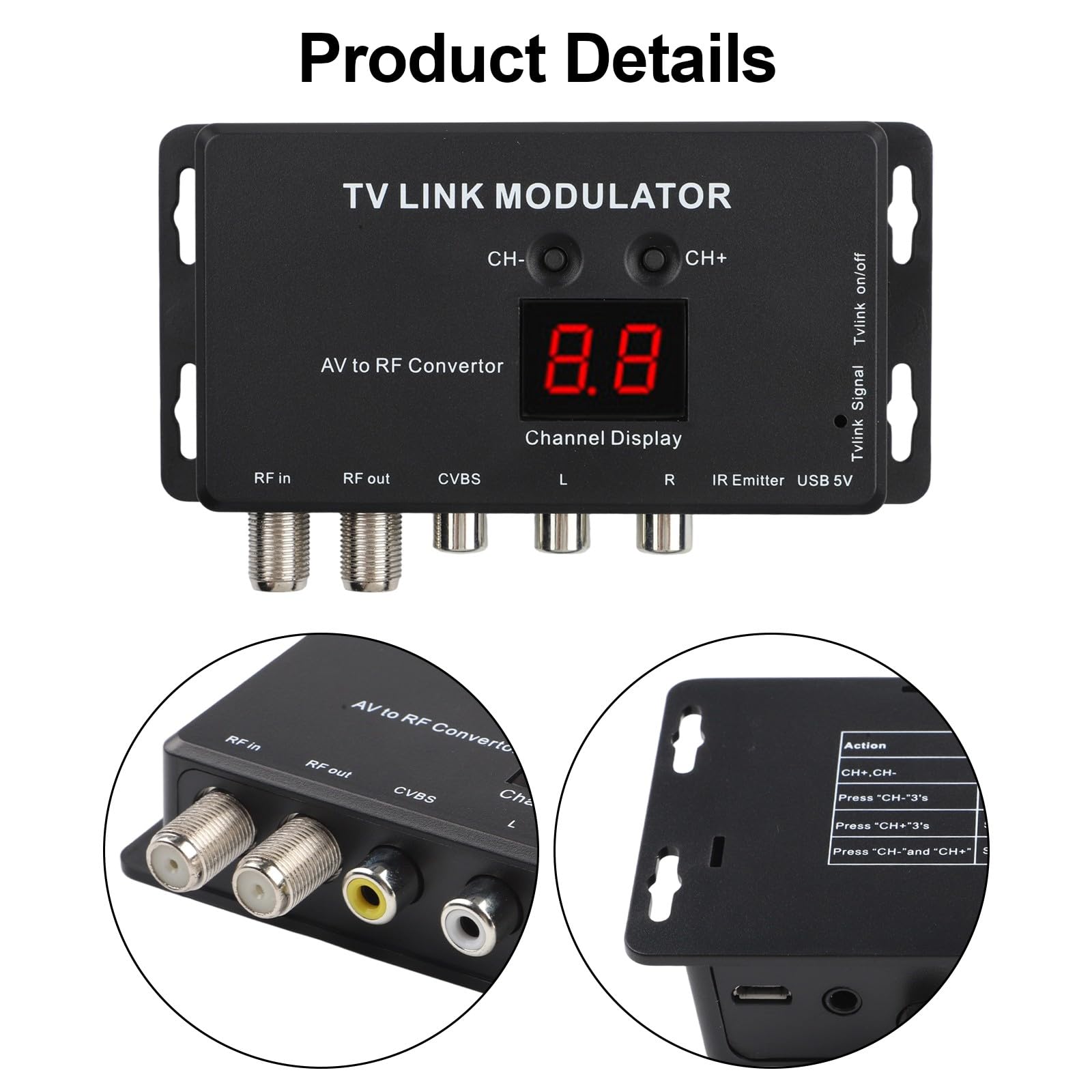 TM70 UHF TV Link Modulatore AV a RF Converter con display canale, uscita regolabile PAL/NTSC nero