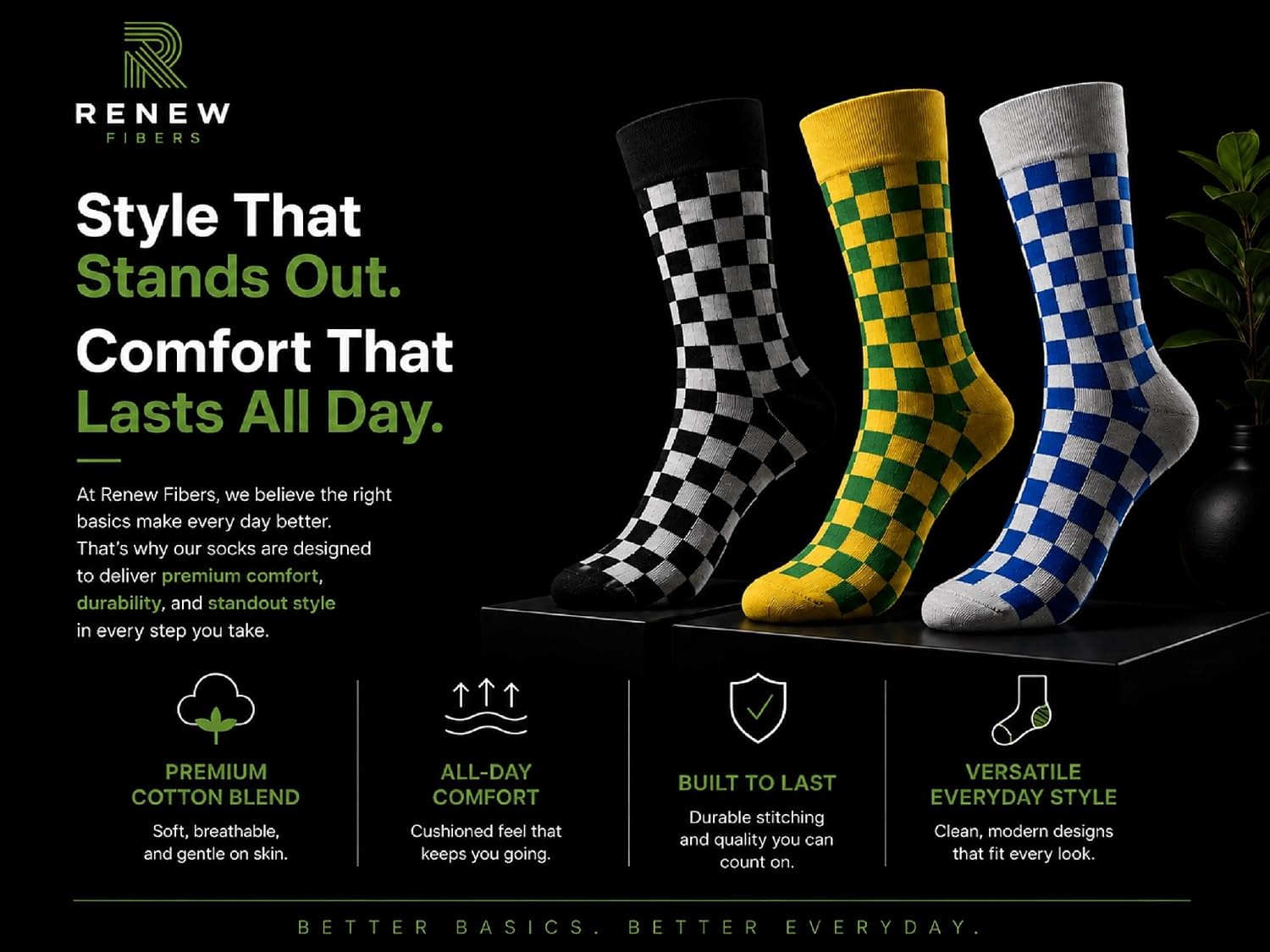 Men's Checker Crew Socks – 3 Pack - Soft Cotton Blend, Cushioned & Breathable, US Size 6–12