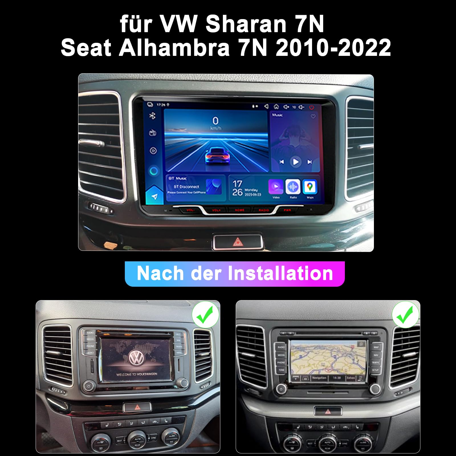 Echte 4GB+64GB Android Autoradio für VW Sharan 7N Seat Alhambra 7N 2010-2022, 2-DIN 9 Zoll QLED-Display, Wireless CarPlay & Android Auto, 1080P Rückfahrkamera, GPS, WiFi, Bluetooth, DSP, RDS