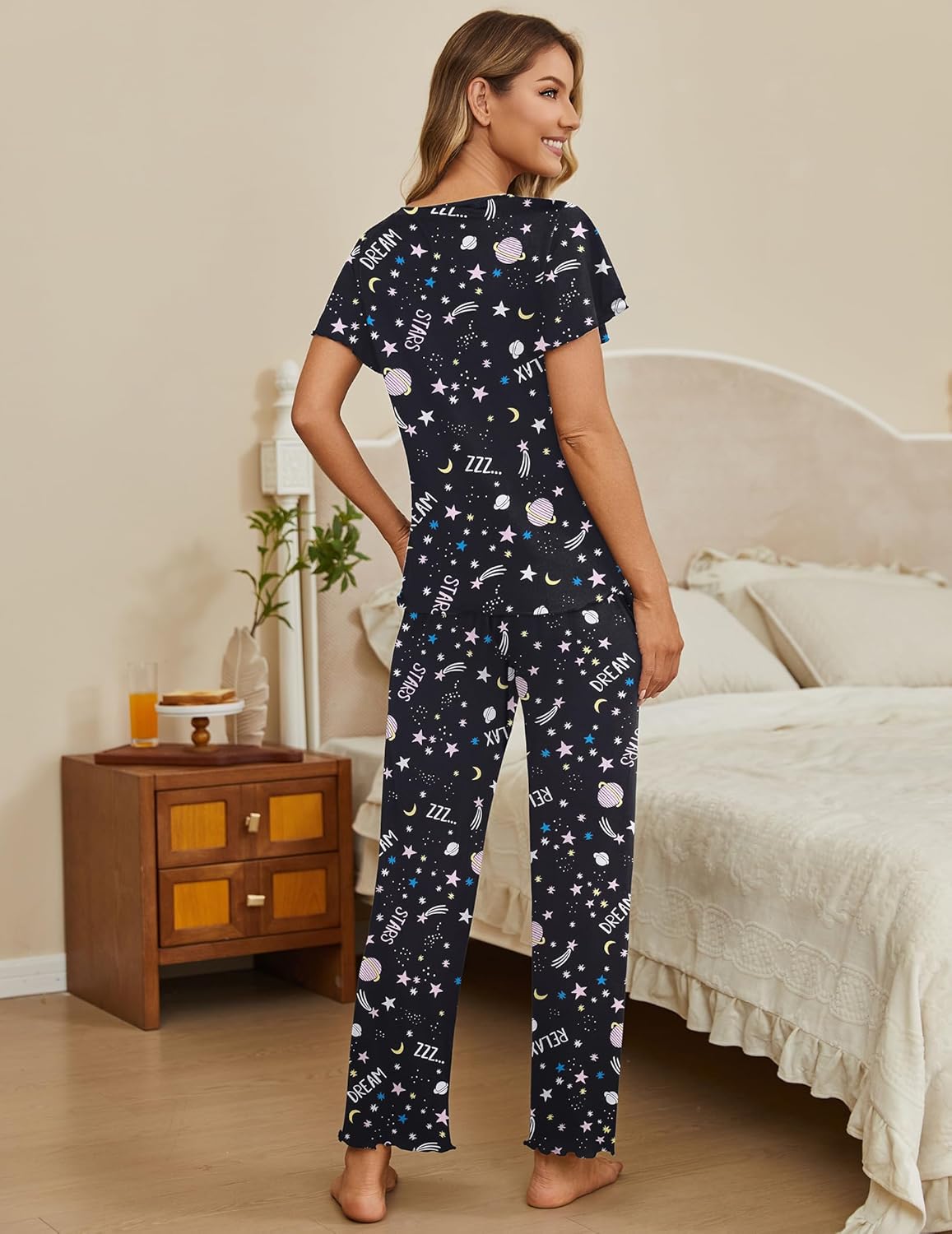 Ekouaer Pajama Sets Womens Short Sleeve Sleepwear Long Pants Pjs 2 Piece Lounge Set Soft Nightwear S-XXL - Image 4