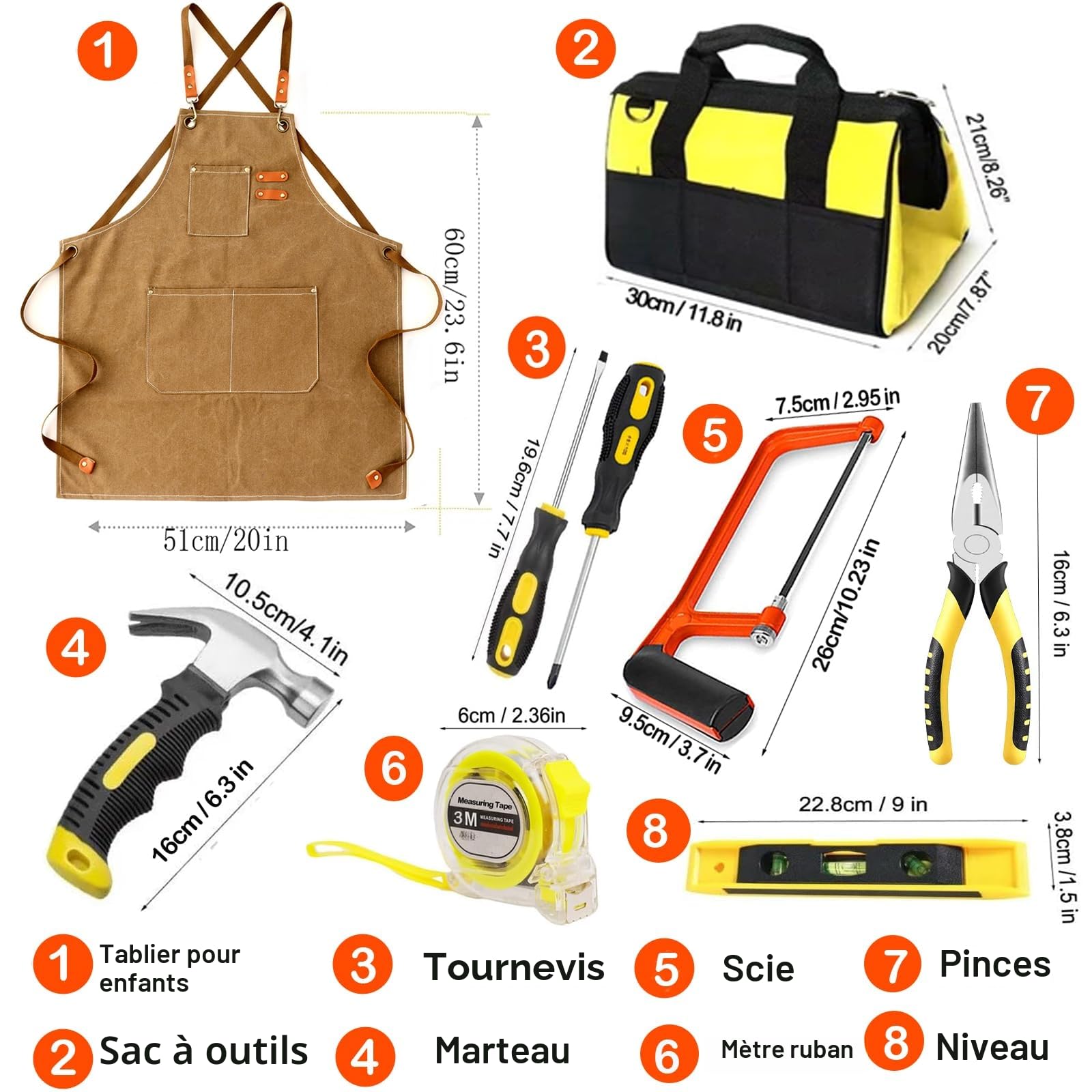 Kit d'outils pour enfants 38 pièces avec sac à outils, tablier, scie, cadeau éducatif