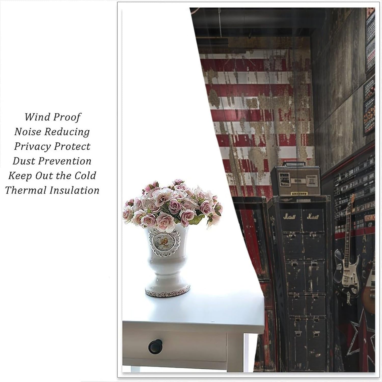 Rock Music Theme Blackout Curtains, Guitar American Flag Curtains Rod Pocket Thermal Insulated Window Drapes for Bedroom/Living Room, 21W x 45L, 2 Panels