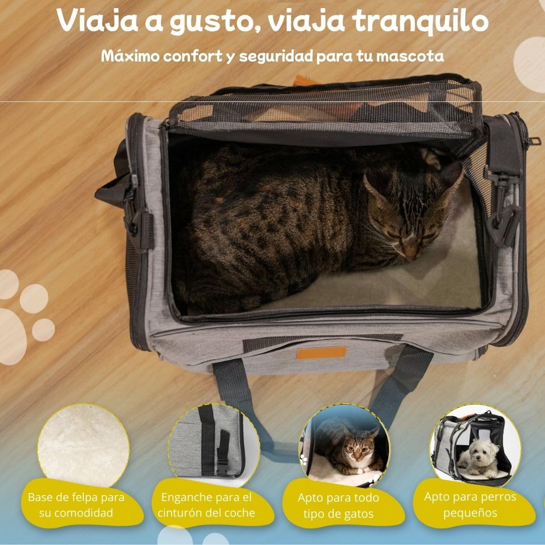Transportin Gato y Perro - Transportin Perro pequeño y Gato Que Incluye Bebedero Plegable, Manta, Correa para el Hombro y Base Acolchada - Plegable y homologado para el avión.