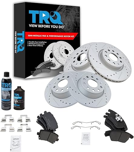 TRQ Kit de pastillas de freno delanteras y traseras y rotores semimetálicos Premium con revestimiento en G ranurado X perforado compatible con Audi