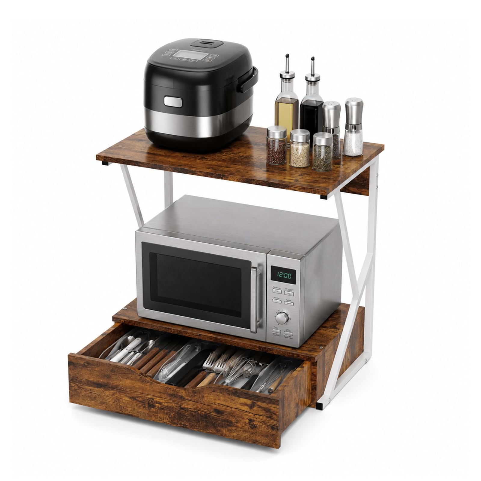 Étagère pour Micro-Ondes, Structure en métal avec étagère en Bois MDF et tiroir Organisateur, Porte-ustensiles de Cuisine, Design Moderne, 54 x 35 x 50 cm-Bois brûlé