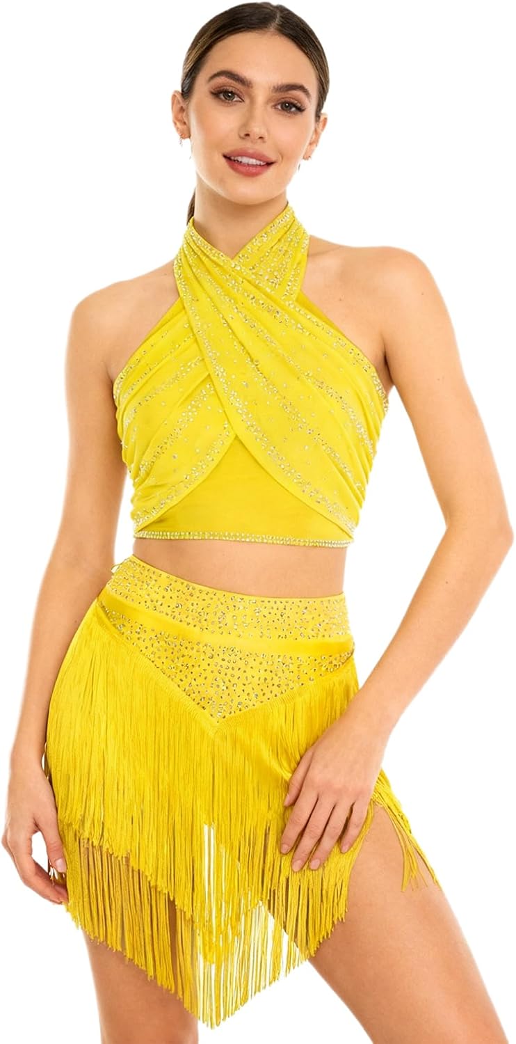 JEATHA Women Halter Tassel Crop Top Fringe Skirt Set 2 Piece Latin Dance Dress Rhinestone Fringe Party Dresses