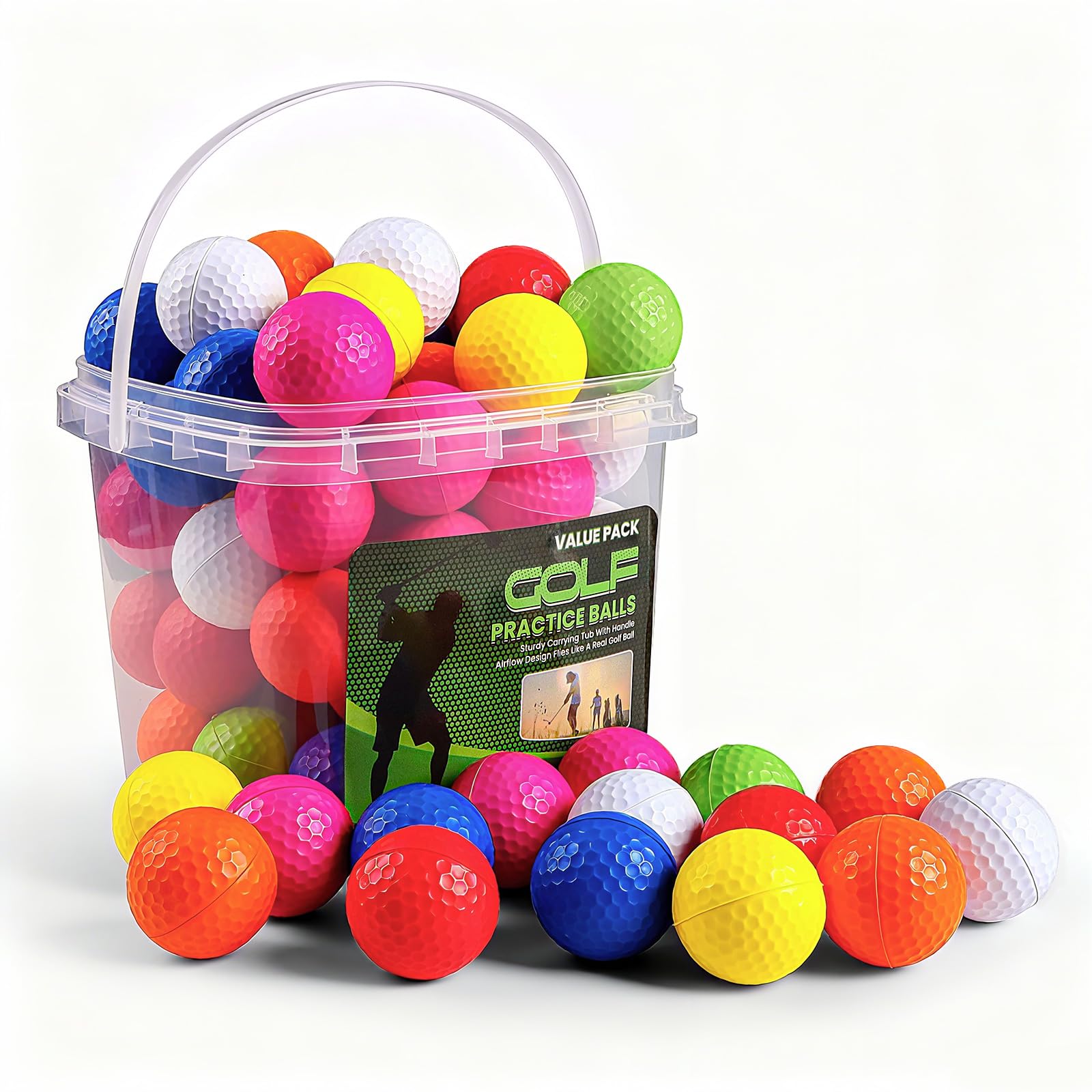 FINGER TEN Golf Practice Balls Foam Colored Value 50 Pack with Bucket, Golf Ball Lightweight Limited Flight for Men Women Driving Range Backyard Training (Muticolor)