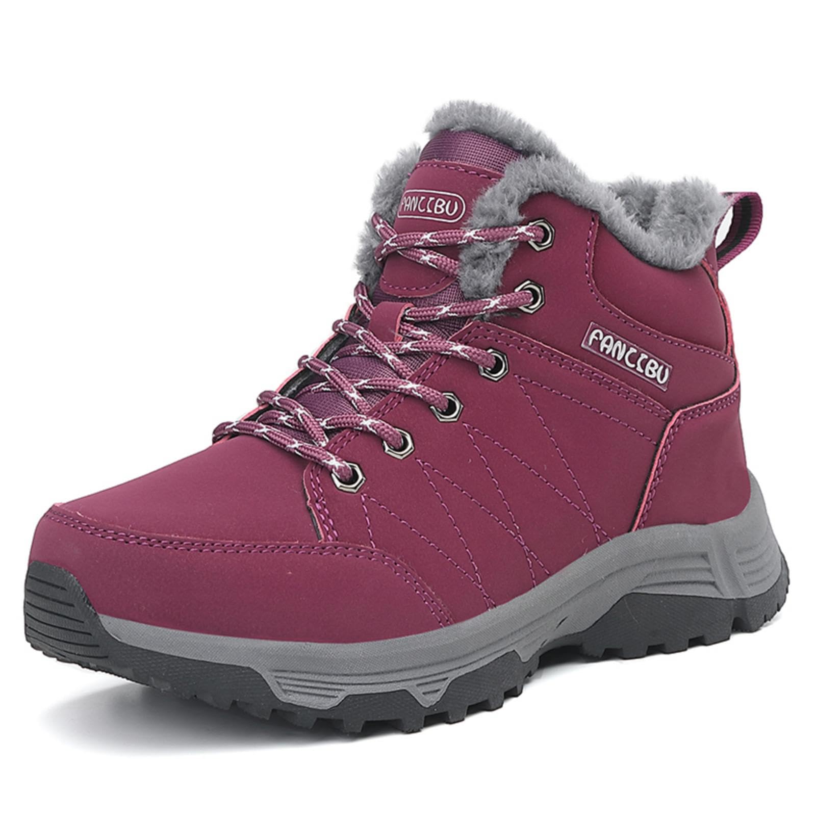 Women Waterproof Winter Ankle Snow Boots Non-Slip Hiking Boots with Warm Fur Lined Winter Walking Boots Sneakers Wide