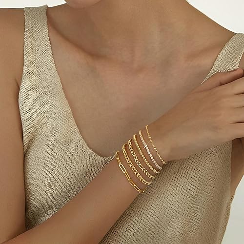 Miniatura 6 de adoyi Pulseras de oro para mujer, chapados en oro de 14 quilates, apilables, juego de pulseras apilables con dije ajustable, cadena de eslabones