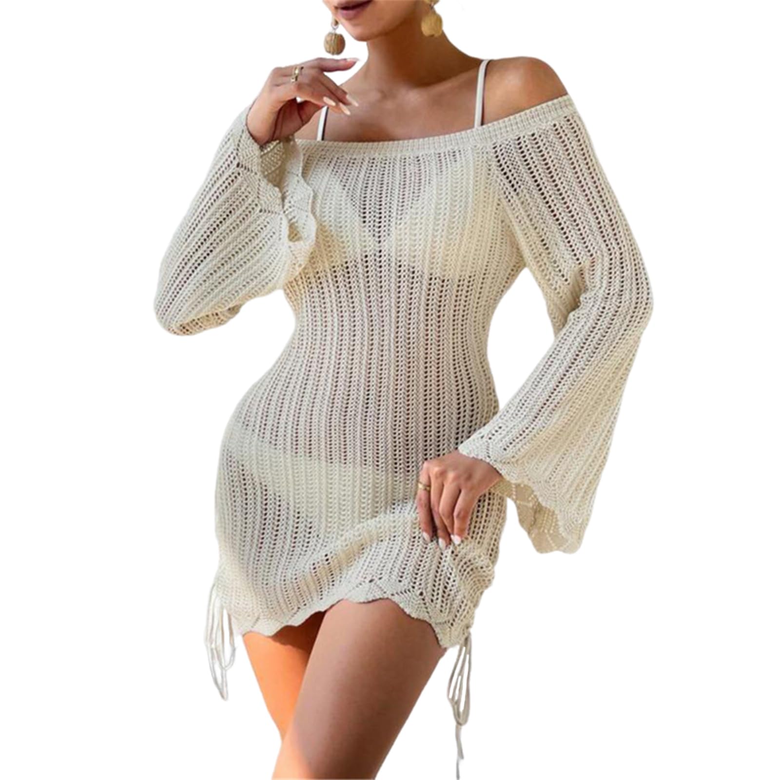 Robe de plage ajourée pour femme à manches longues et épaules dénudées
