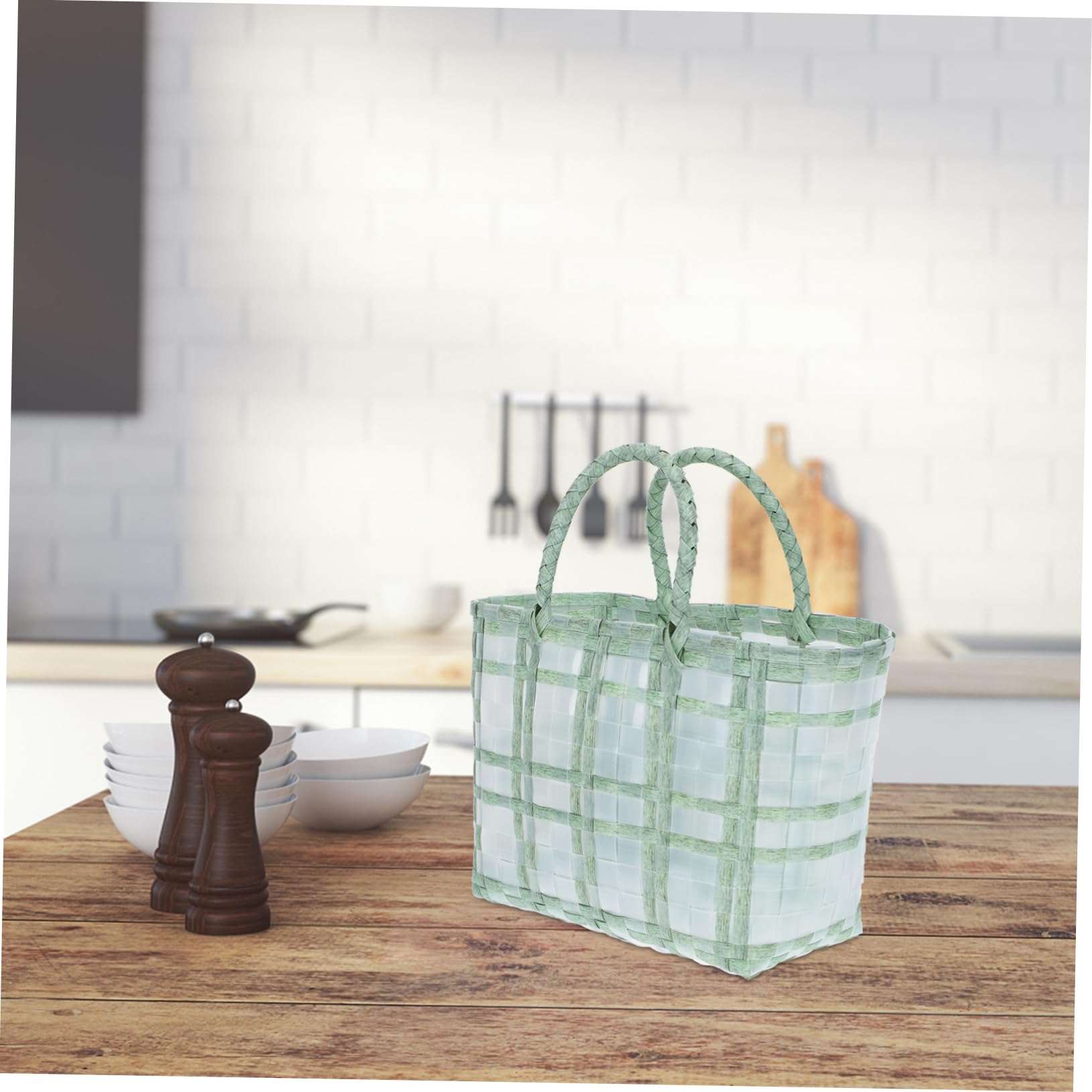 VALICLUD Bolsa de Plástico Tejida Verde Diseño Trenzado y Asa Resistente para Verduras, Adecuado para Compras Informales y Uso Diario