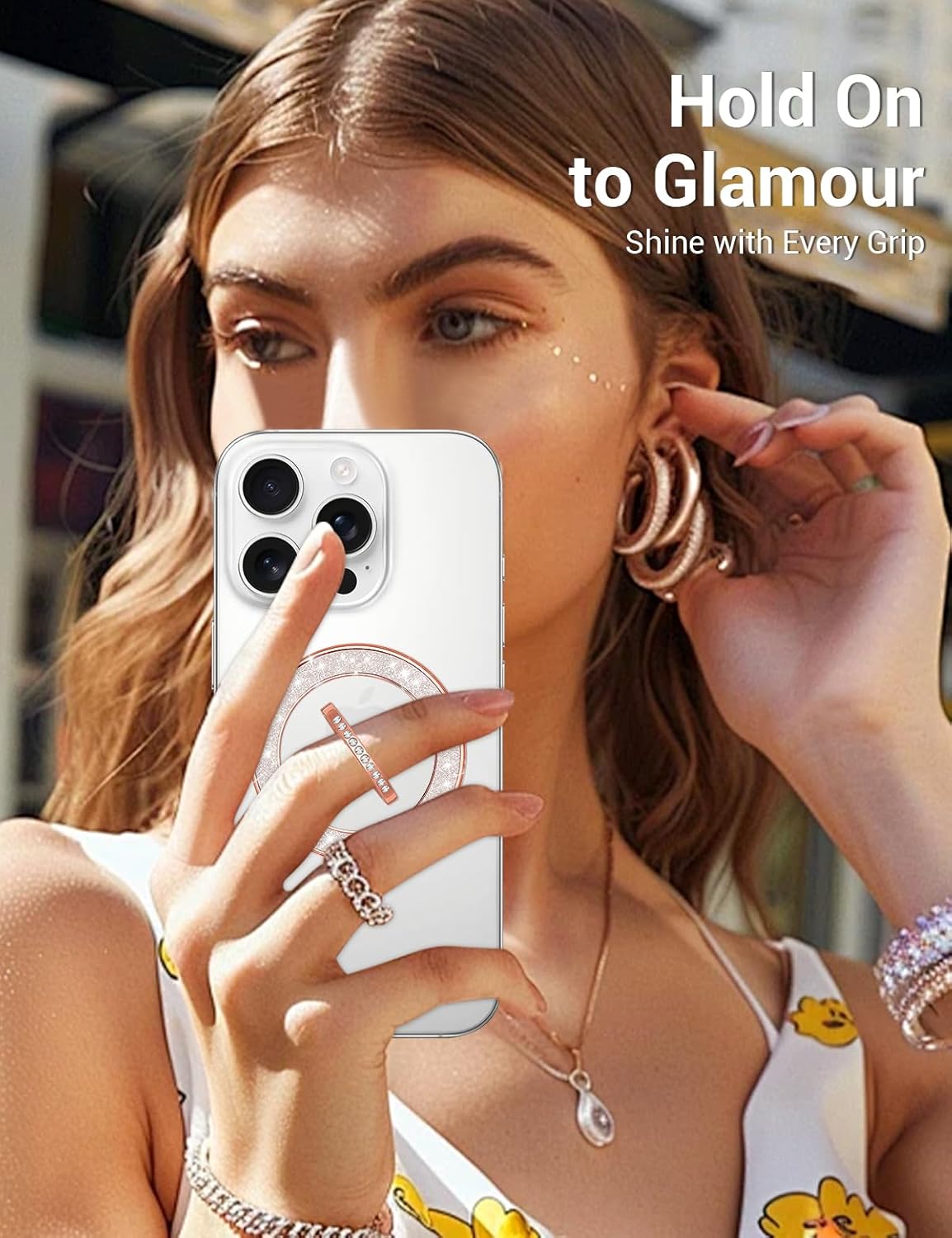 YINHEXI Magnetic Phone Grip for Magsafe, Glittering Ring Holder Stand with 360°Rotation & 90°Flip, Mag Safe Accessory for iPhone 16, 15, 14, 13, 12 (Rose Gold-MS-01) - Image 2