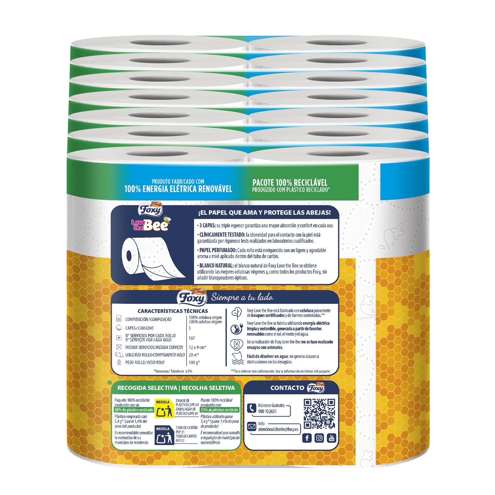 Foxy Love the Bee | 3 capas |Papel higiénico 28 rollos | 167 servicios por cada rollo | Certificación FSC | 100% Energía eléctrica renovable | Paquete reciclable producido con plástico reciclado