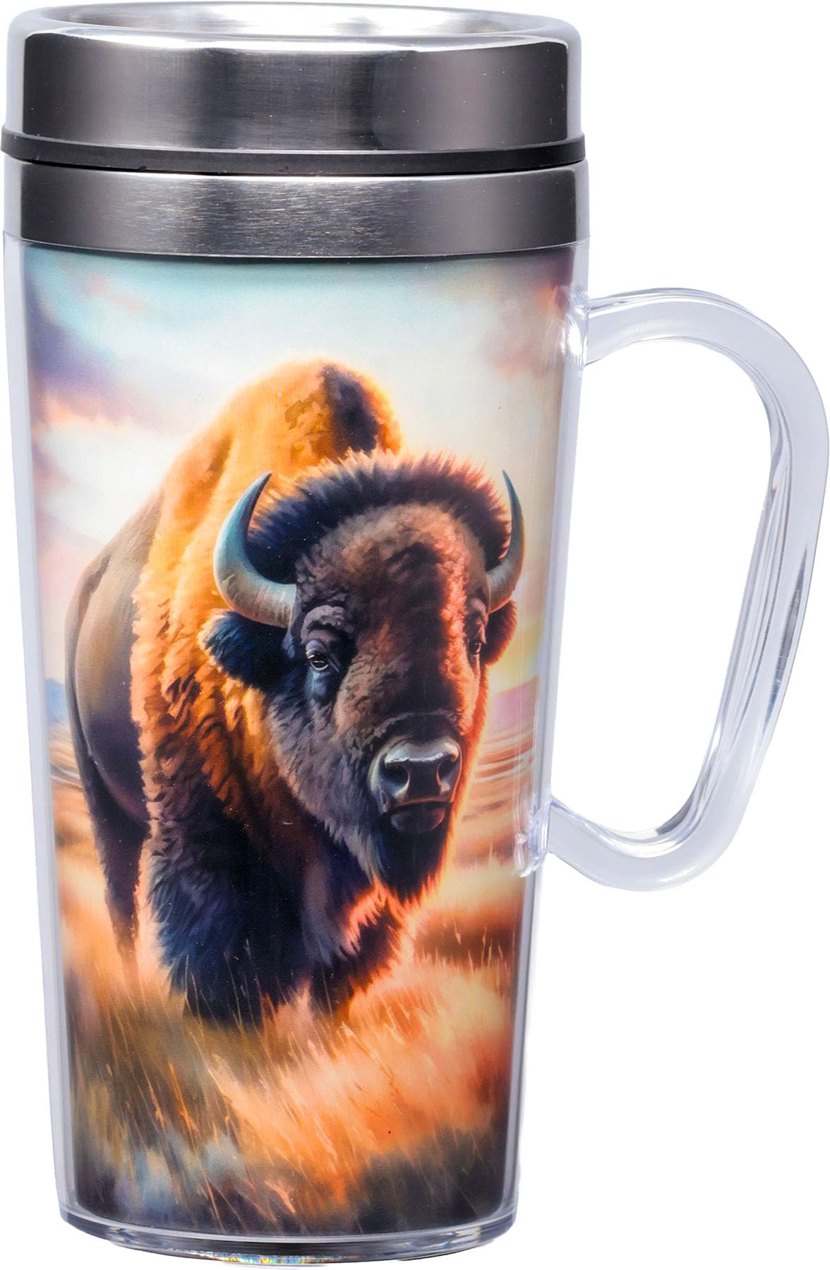 Photo 1 of Spoontiques Insulated Travel Mug, 14oz - Double Wall Stainless & Acrylic Drink Cup with Twist Top Lid & Handle - Buffalo