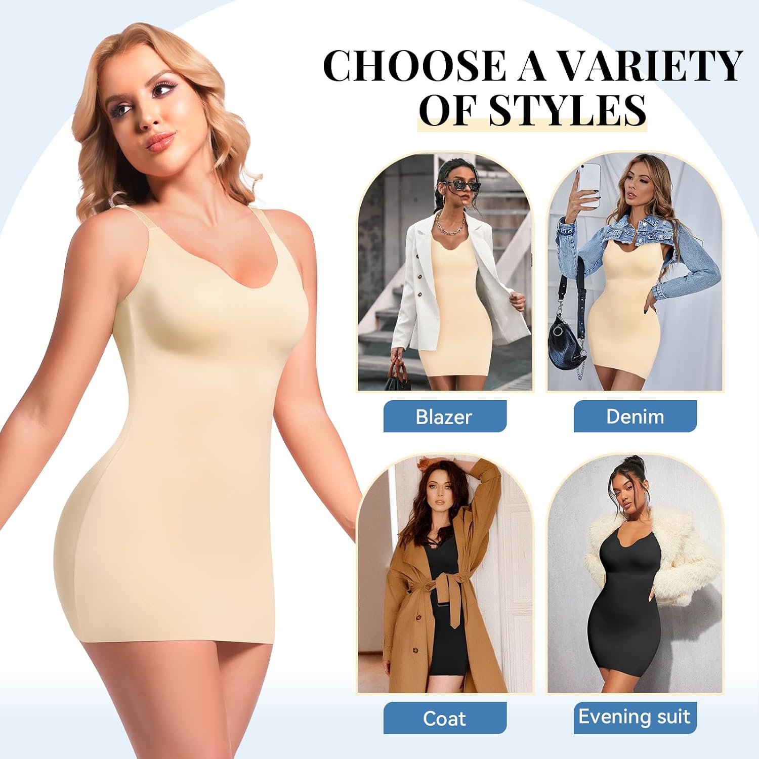 Shapewear Full Slip for Women Tummy Control Under Dresses V Neck Cami Dress Seamless Slips Built in Mini Dress