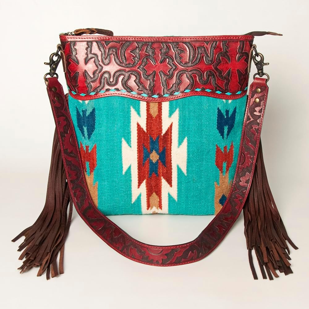 American Darling Signature Cross Body Bag Hand Tooled Floral Carved Leather Woven Saddle Blanket Fringes Genuine Leather