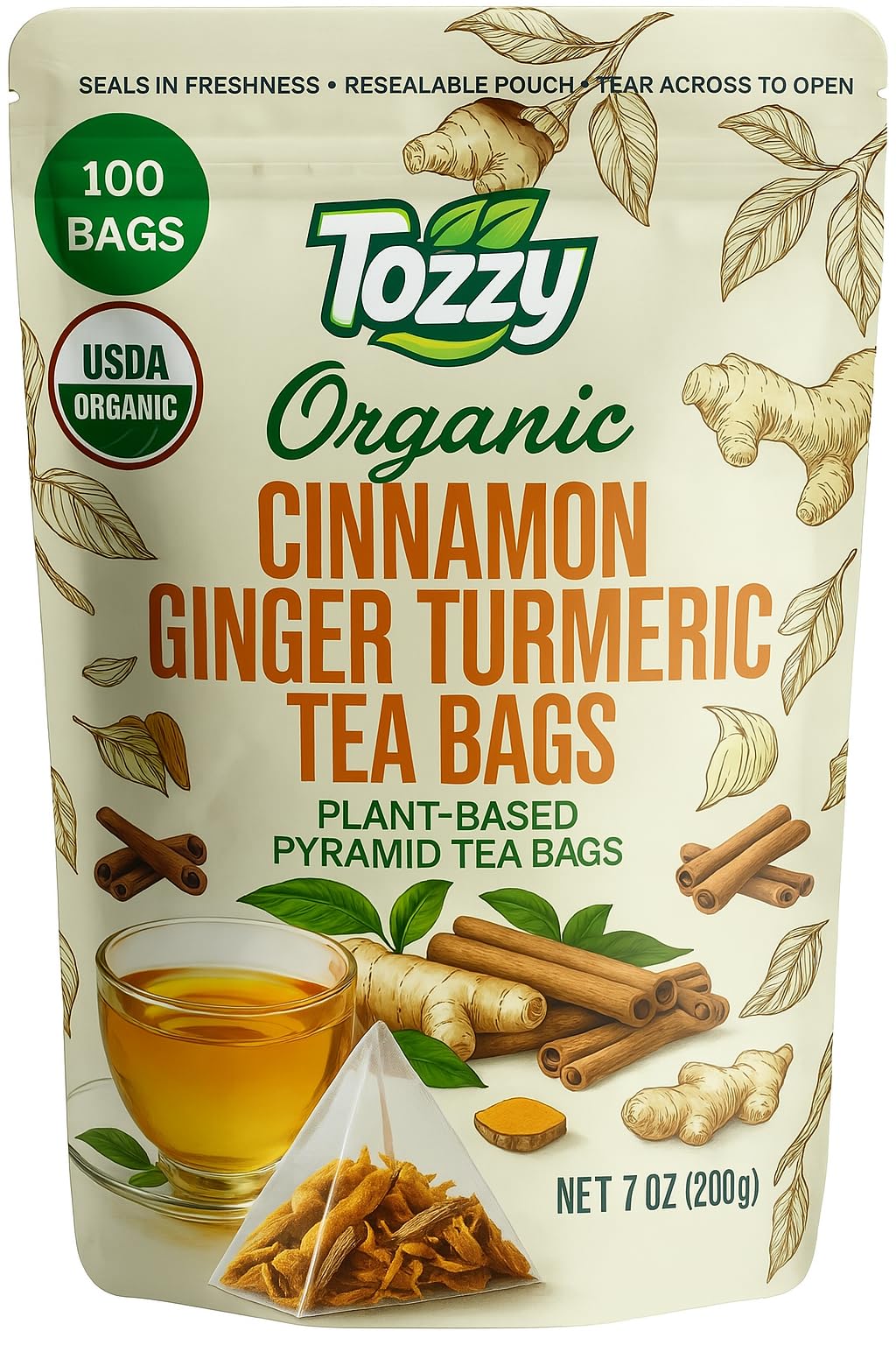 Organic Turmeric,Ginger & Cinnamon Tea – 100 Count, Plant-Based Pyramid Tea Bags