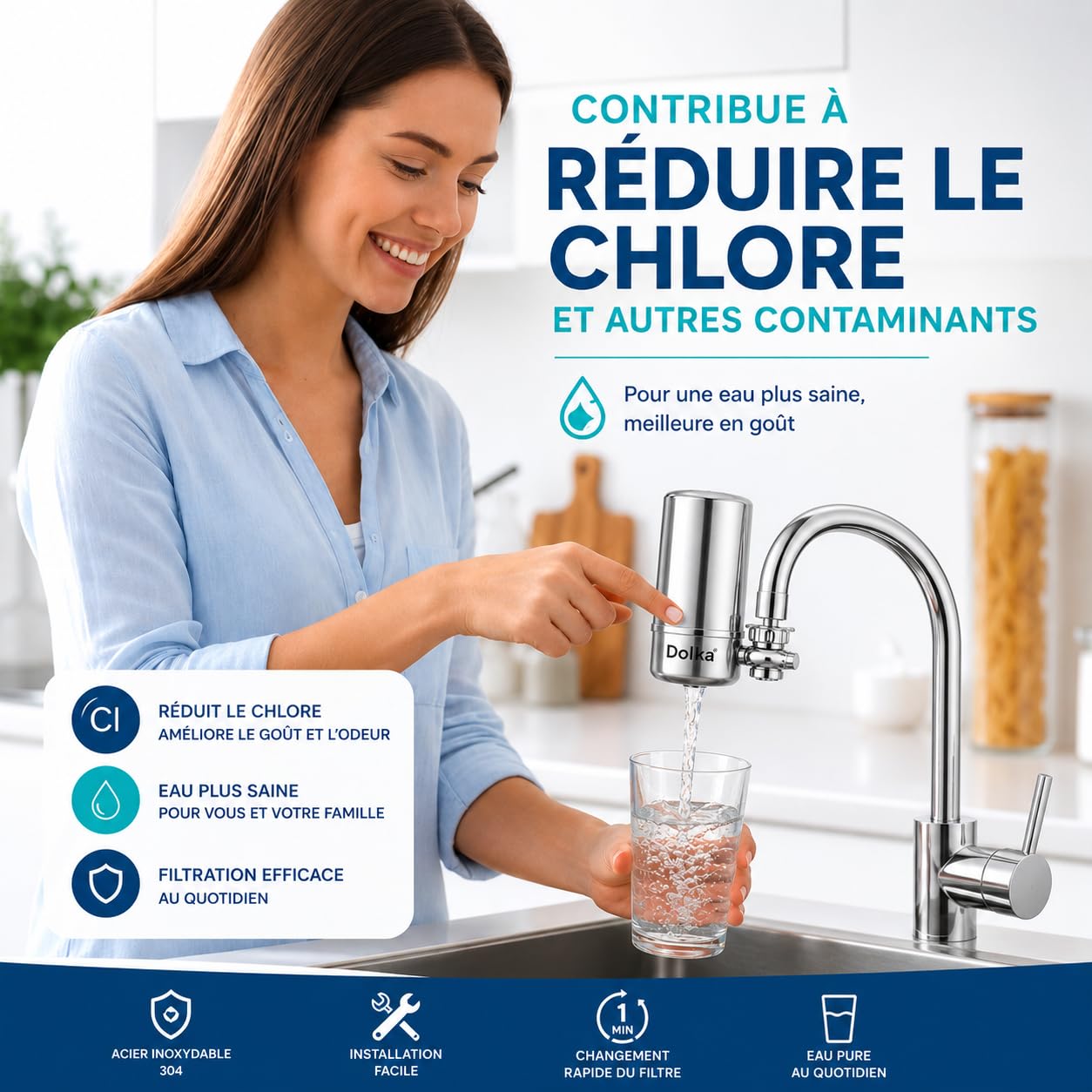 Filtre Eau Robinet Cuisine Dolka – Purificateur Eau Robinet en 100% inox – Eau Filtrée Instantanée – Filtre Eau Maison avec Charbon Actif – Installation Facile Sans Outils