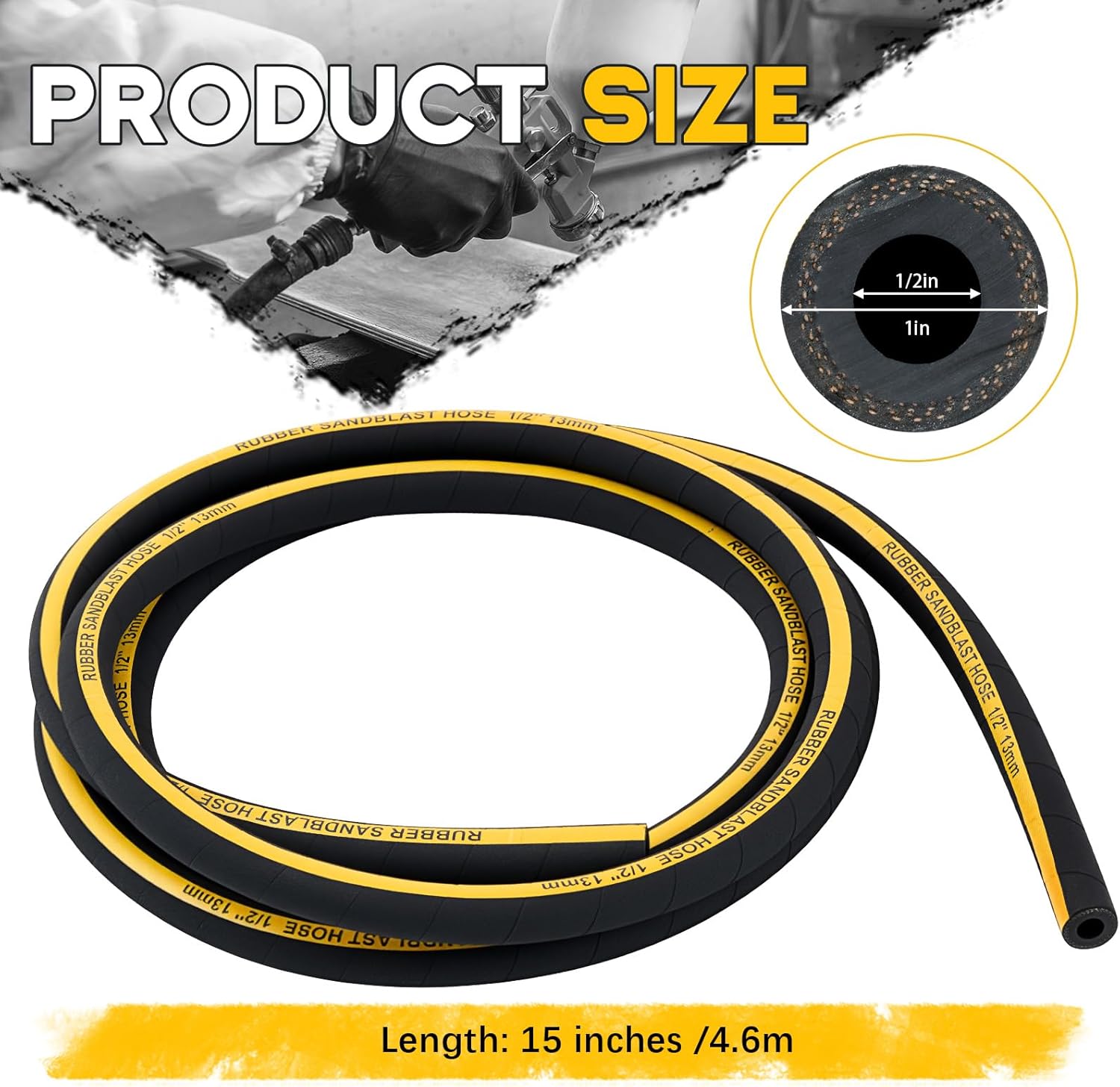 Sandblast Hose 1/2" Id, 1" Od, 15 ft Long 227.52 Psi Heavy Duty Rubber Sandblaster Hose Sandblasting Gun Sand Blaster Cabinet Pressure Washer Sandblasting Kit Tools