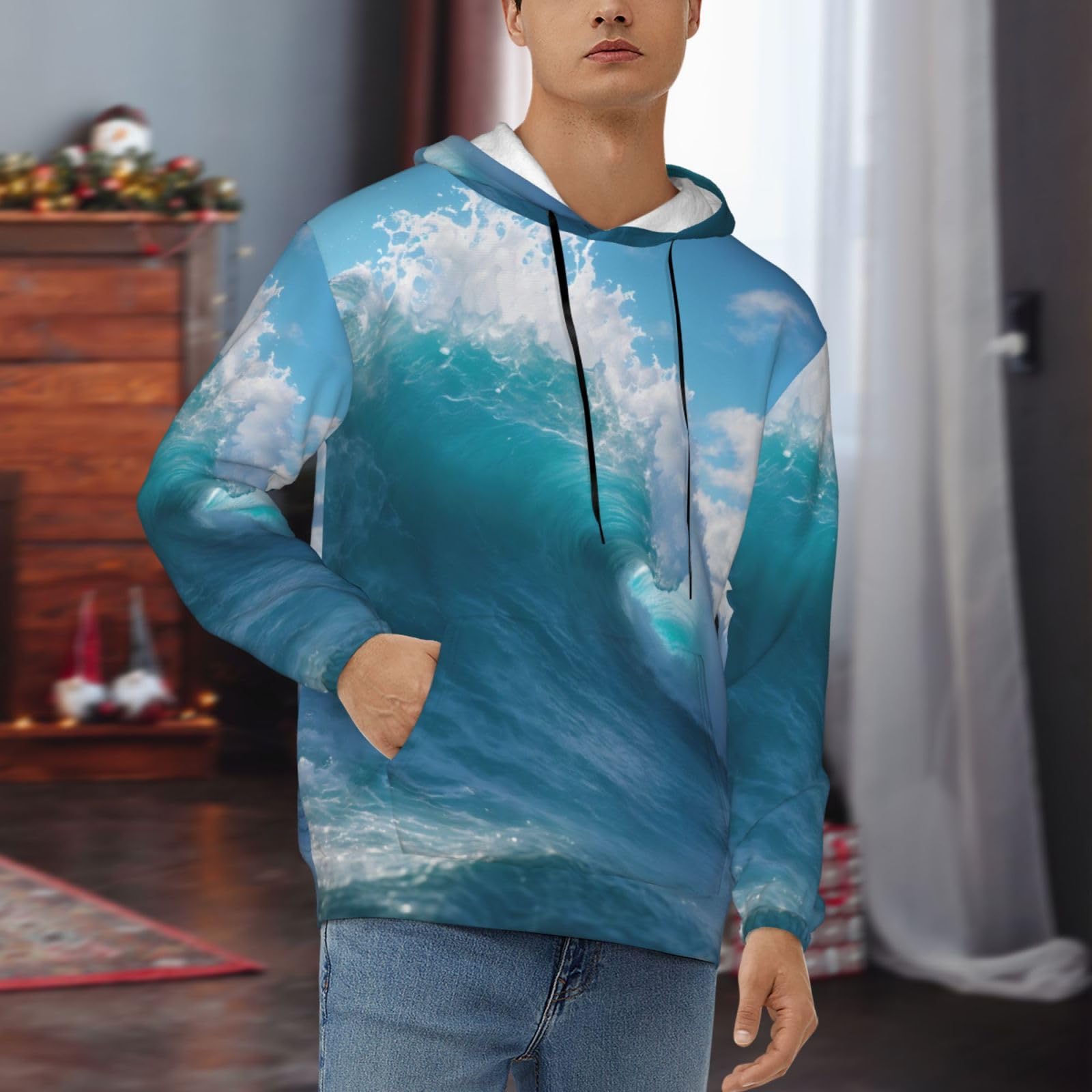 Męska bluza z kapturem z nadrukiem fali morskiej, casualowa grafika z nadrukiem bluzy z kapturem z kieszenią