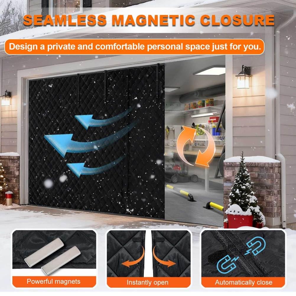 Magnetyczny zestaw termoizolacyjny do drzwi garażowych na zimę, 45 x 200 cm, czarna osłona o zwiększonej wadze, pasuje do 2 garaży samochodowych, energooszczędne zatrzymywanie ciepła