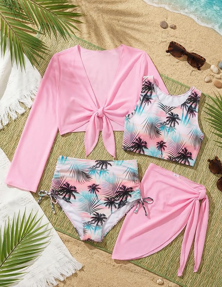 Image of GRACE KARIN Girls Bathing Suit Adjustable Taniki Swimsuit Tie Front 4 Piece Bikini Set with Kimono Cover Up 6-14