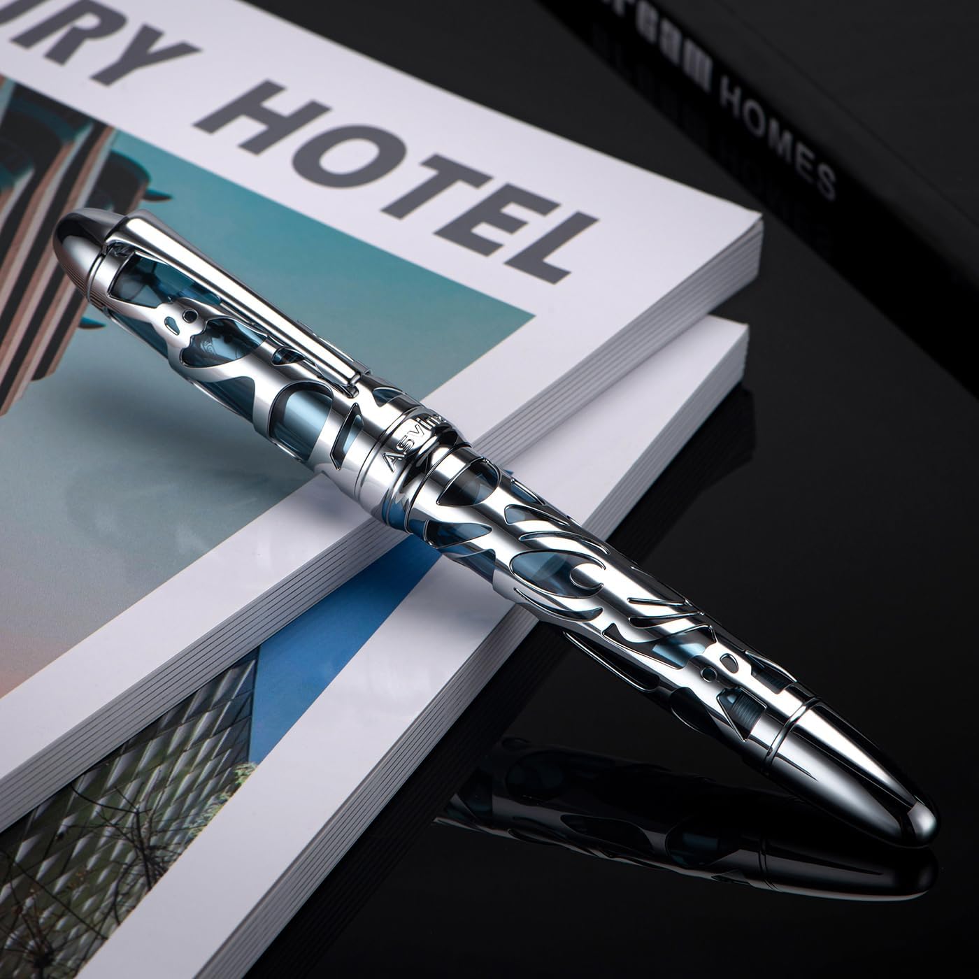 Asvine P80 Piston Filling Fountain Pen Extra Fine Nib, Spider Skeleton Transparent Gray Blue Acrylic Pen Case and Wrench Set