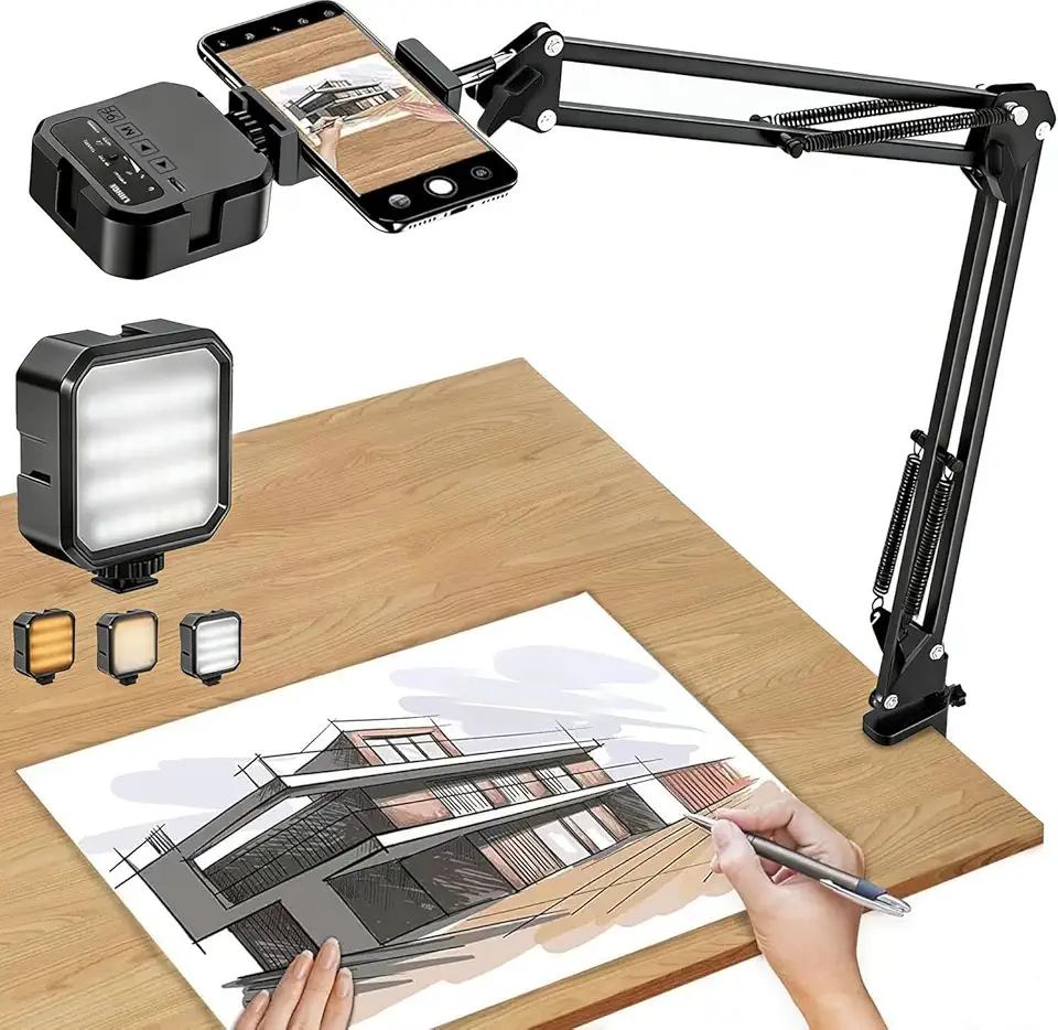 Suporte para telemóvel, braço articulado com luz LED, suporte flexível para telemóvel para transmissão ao vivo, gravação de vídeo, desenho, cozinha